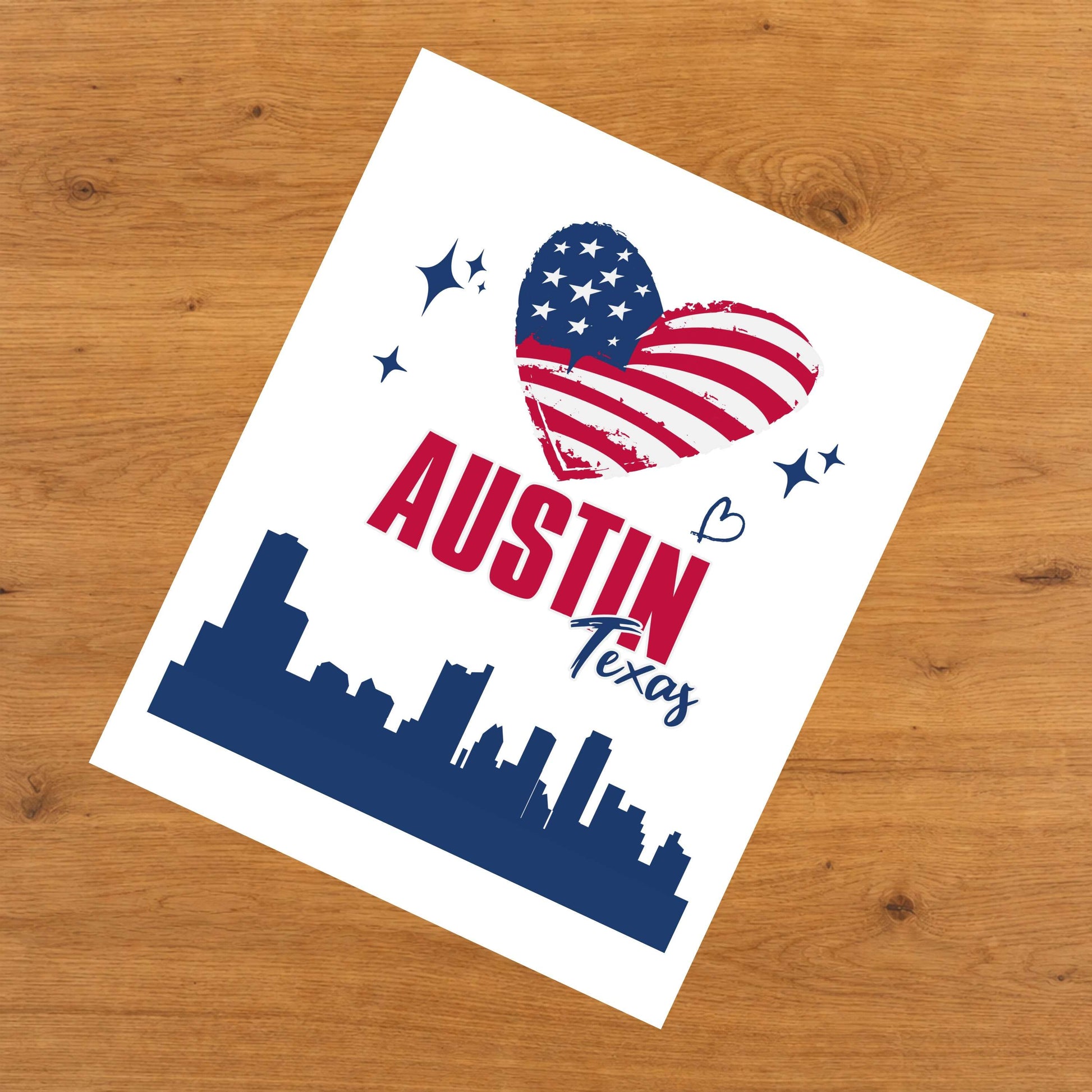 Austin Texas Skyline American Flag Heart 4th of July 8"x10" Wall Art Print