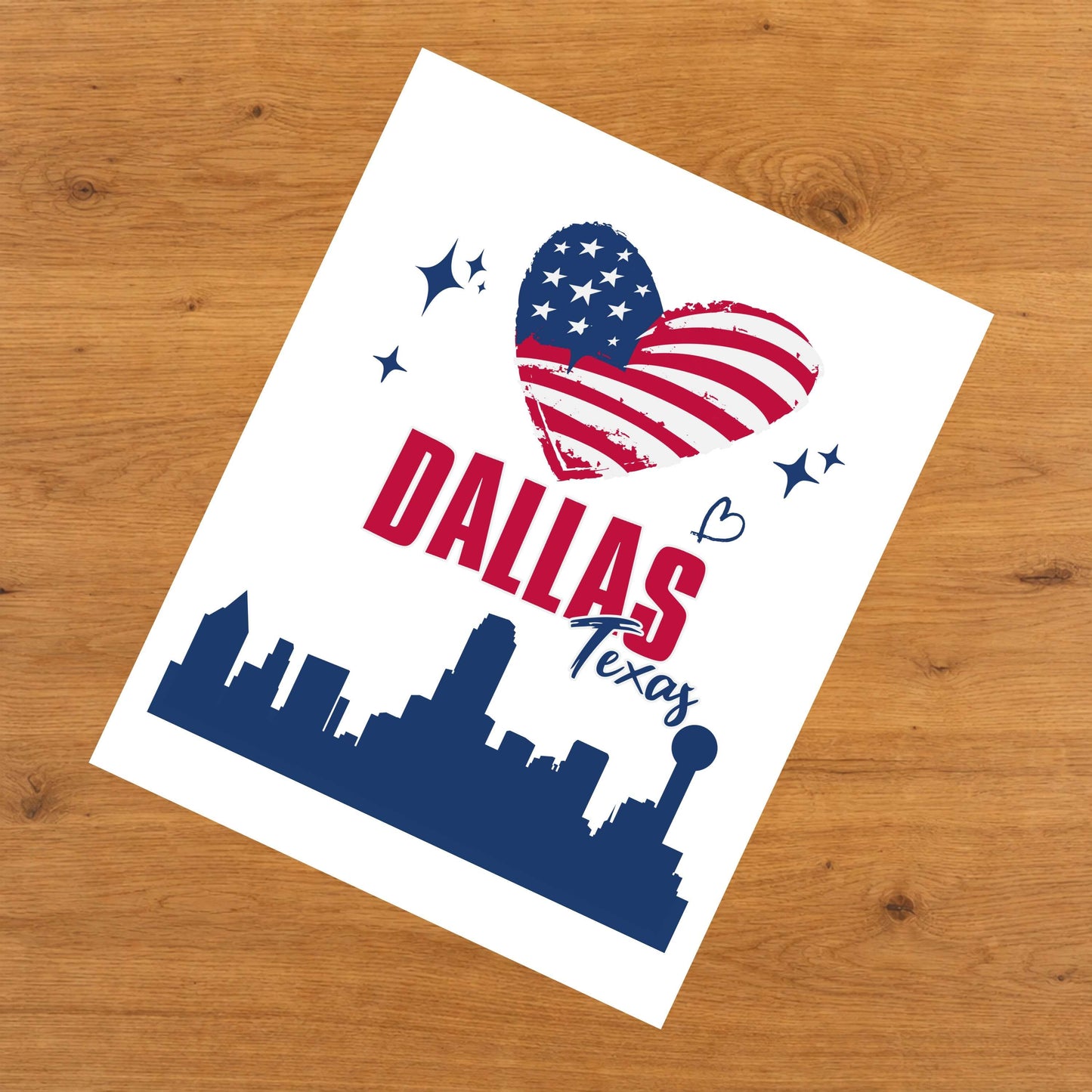 Dallas Texas Skyline American Flag Heart 4th of July 8"x10" Wall Art Print