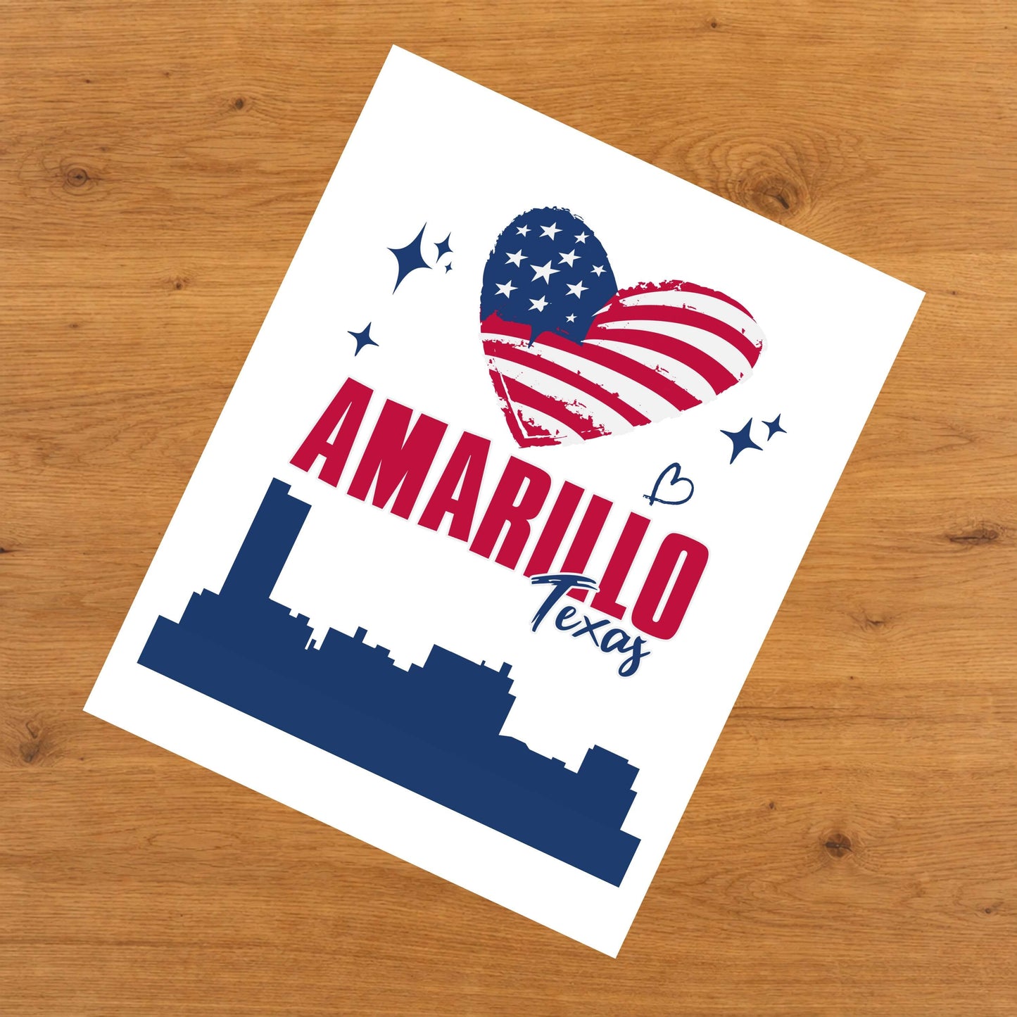 Amarillo Texas Skyline American Flag Heart 4th of July 8"x10" Wall Art Print