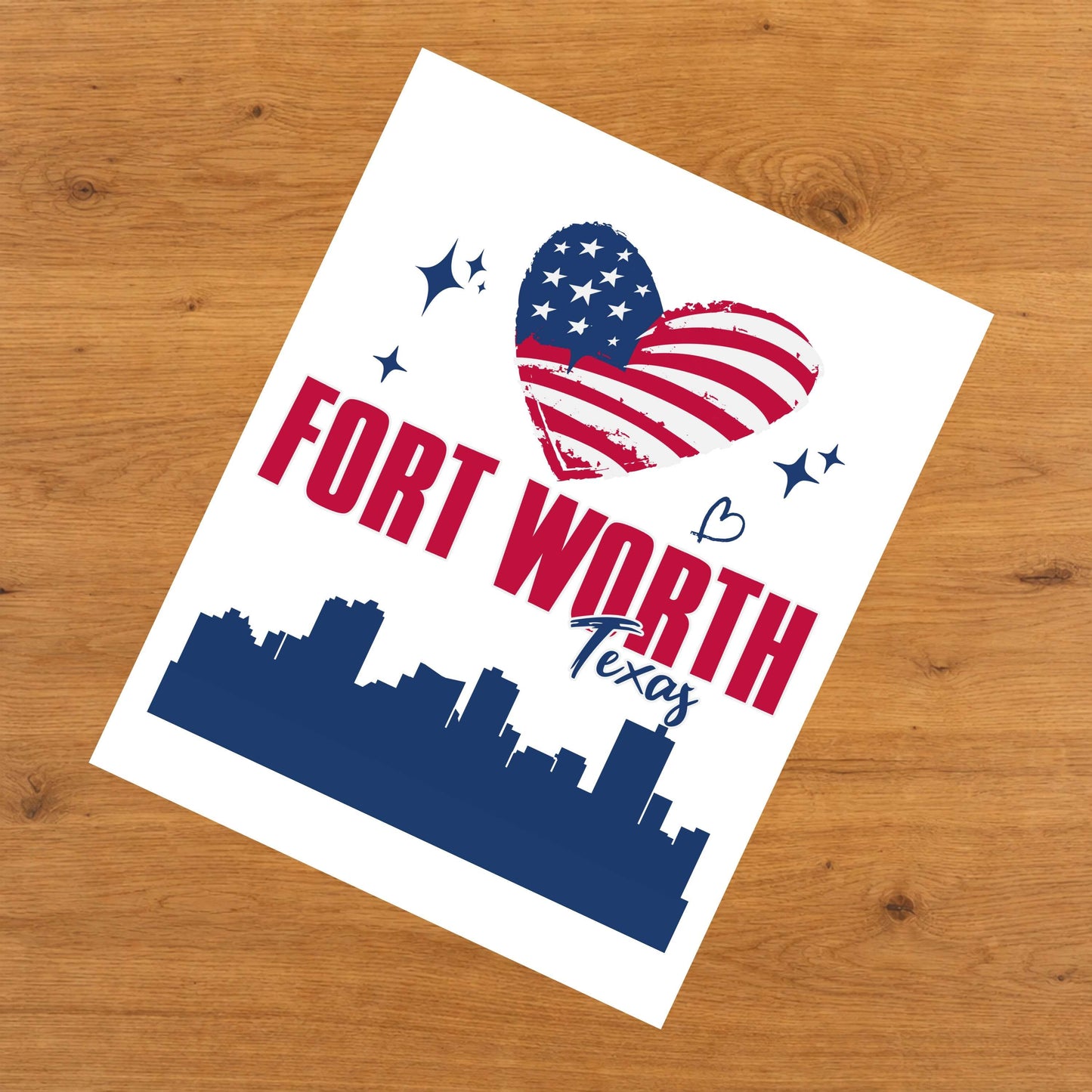 Fort Worth Texas Skyline American Flag Heart 4th of July 8"x10" Wall Art Print