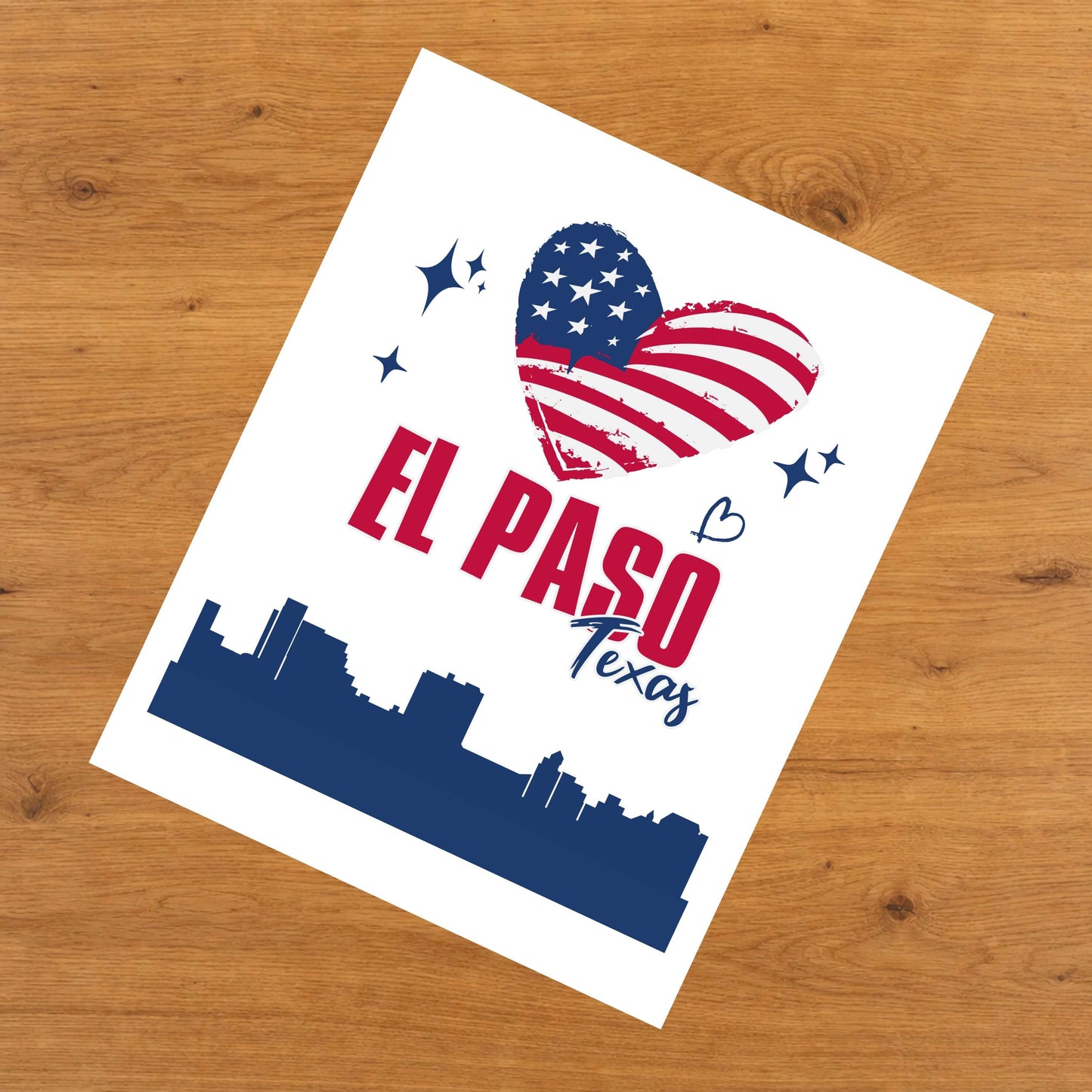 El Paso Texas Skyline American Flag Heart 4th of July 8"x10" Wall Art Print