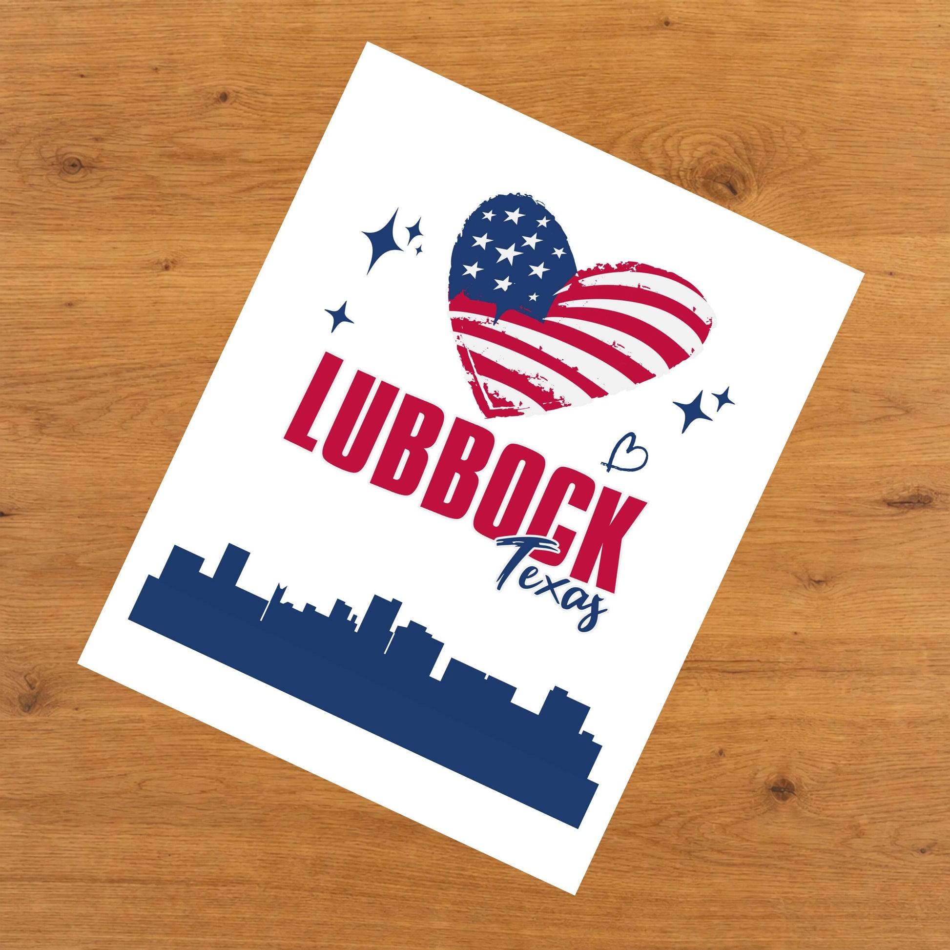 Lubbock Texas Skyline American Flag Heart 4th of July 8"x10" Wall Art Print