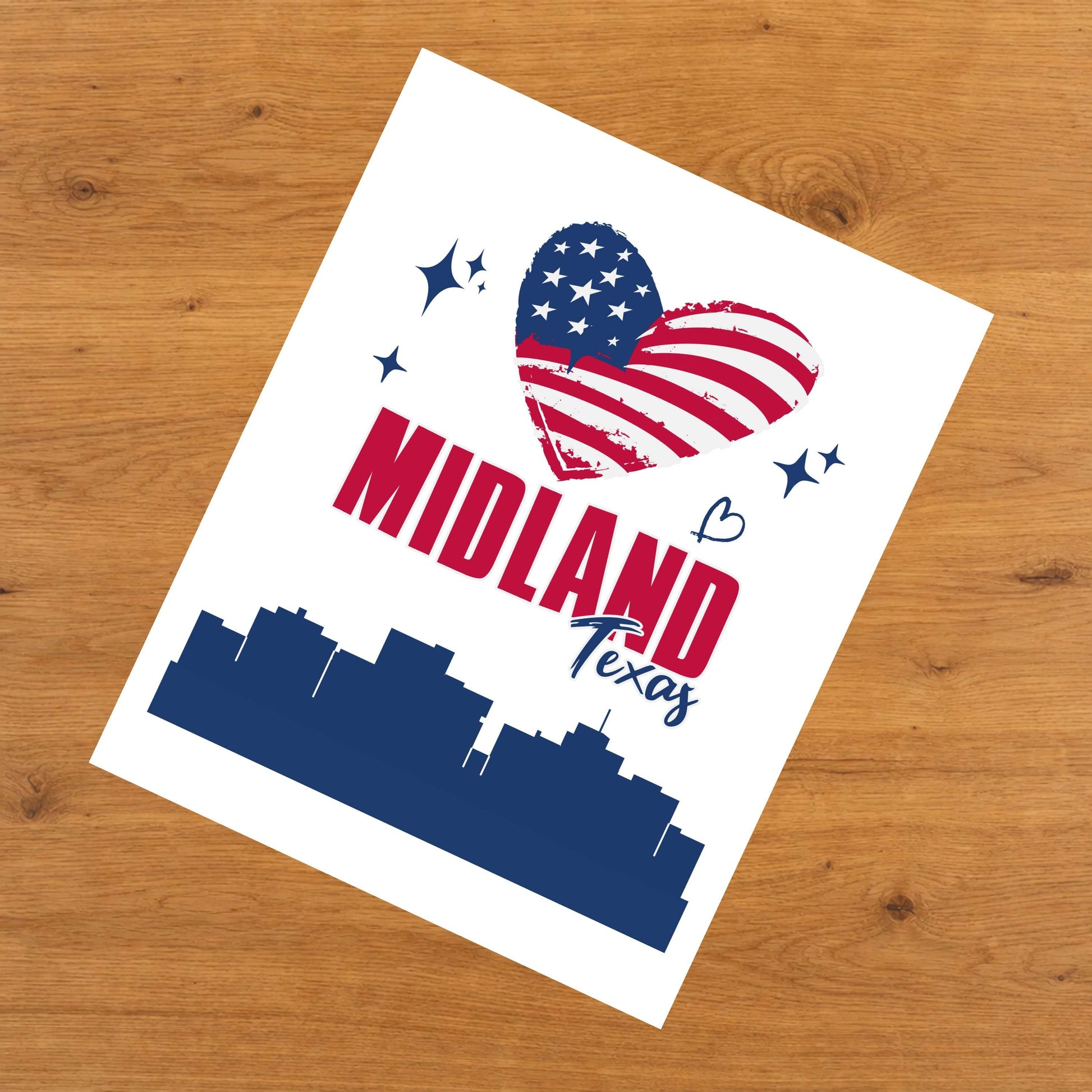 Midland Texas Skyline American Flag Heart 4th of July 8"x10" Wall Art Print