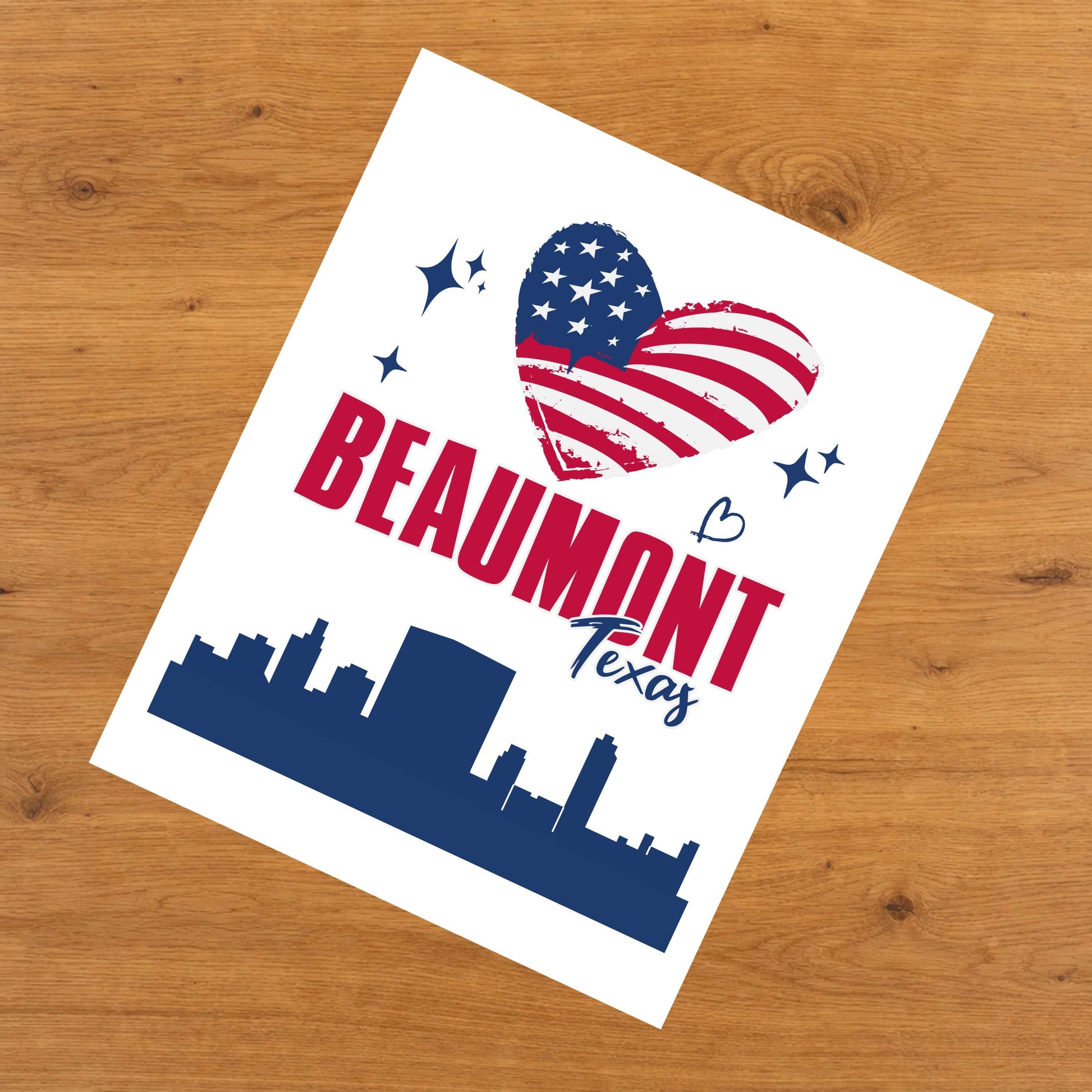 Beaumont Texas Skyline American Flag Heart 4th of July 8"x10" Wall Art Print