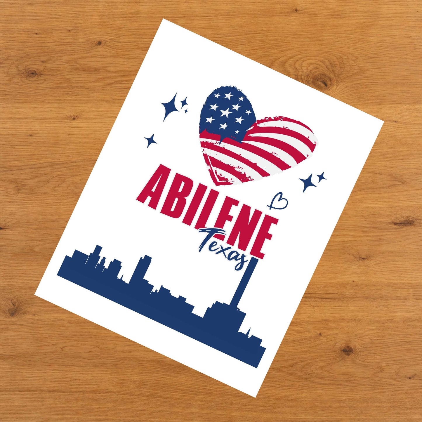 Abilene Texas Skyline American Flag Heart 4th of July 8"x10" Wall Art Print