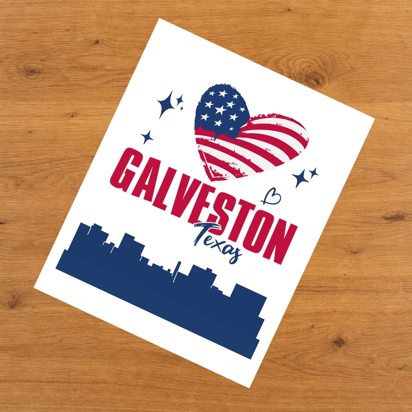 Galveston Texas Skyline American Flag Heart 4th of July 8"x10" Wall Art Print