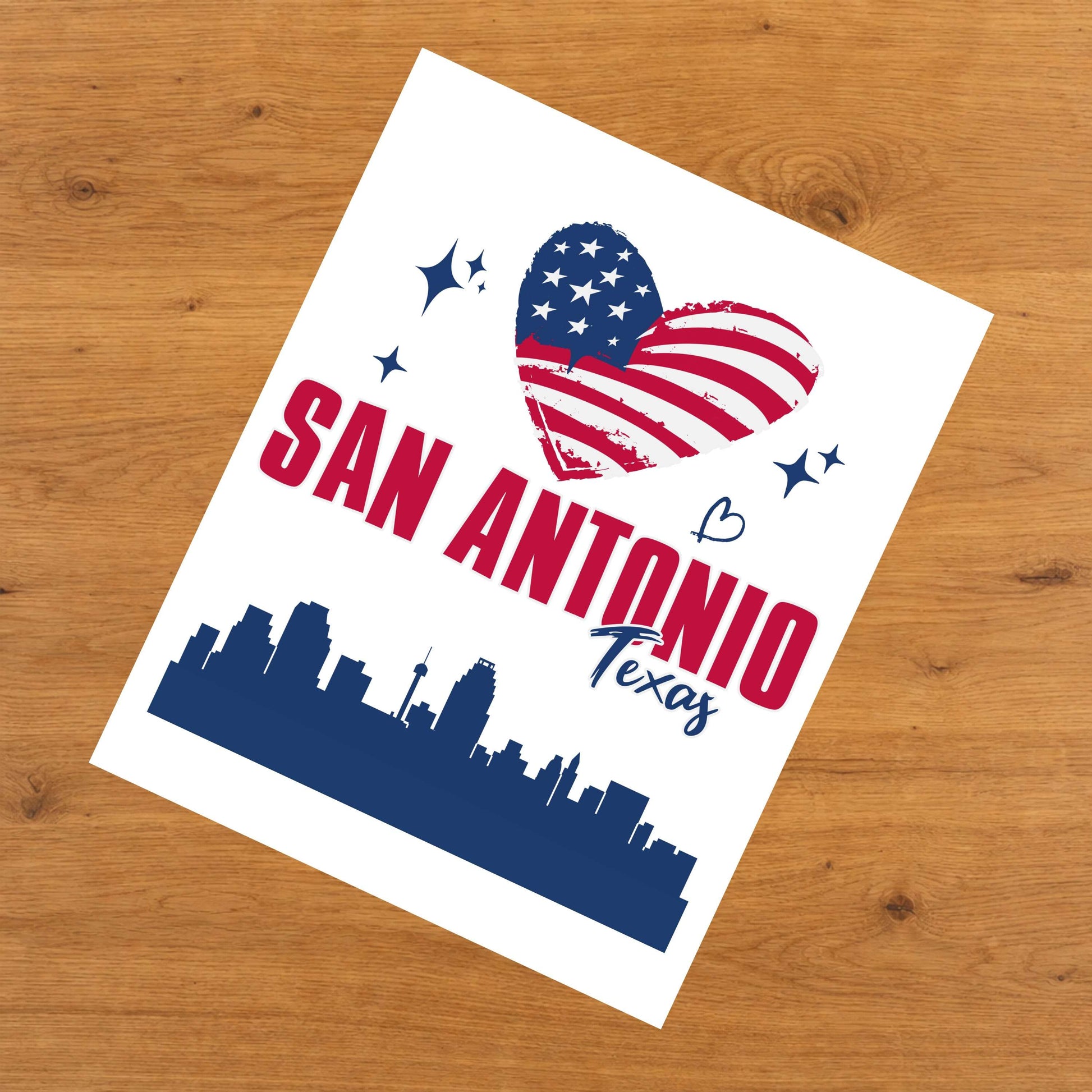 San Antonio Texas Skyline American Flag Heart 4th of July 8"x10" Wall Art Print