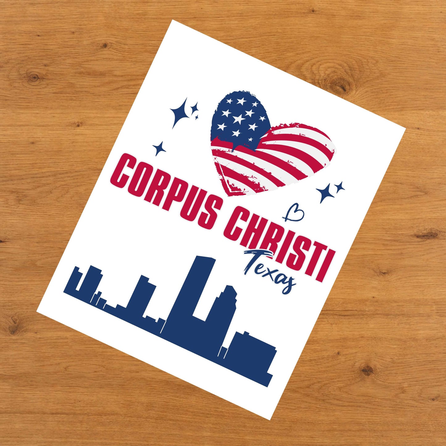 Corpus Christi Texas Skyline American Flag Heart 4th of July 8"x10" Wall Art Print