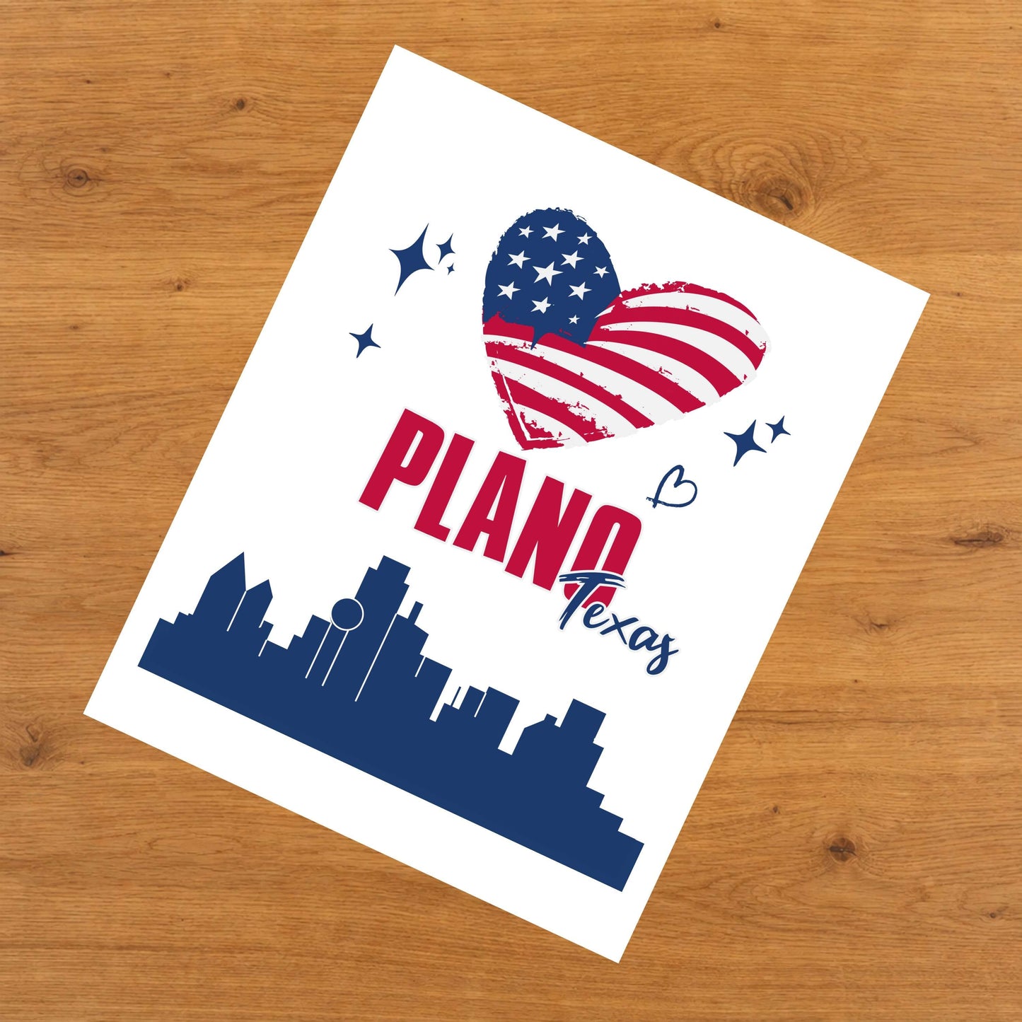 Plano Texas Skyline American Flag Heart 4th of July 8"x10" Wall Art Print