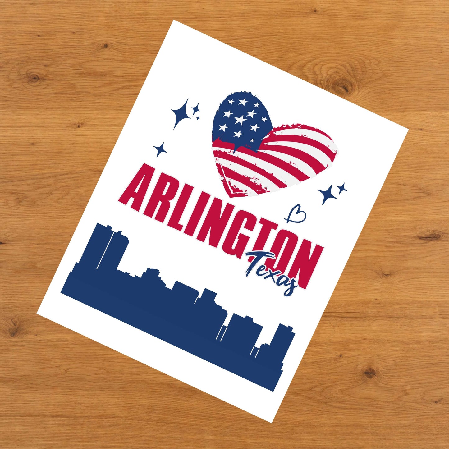 Arlington Texas Skyline American Flag Heart 4th of July 8"x10" Wall Art Print