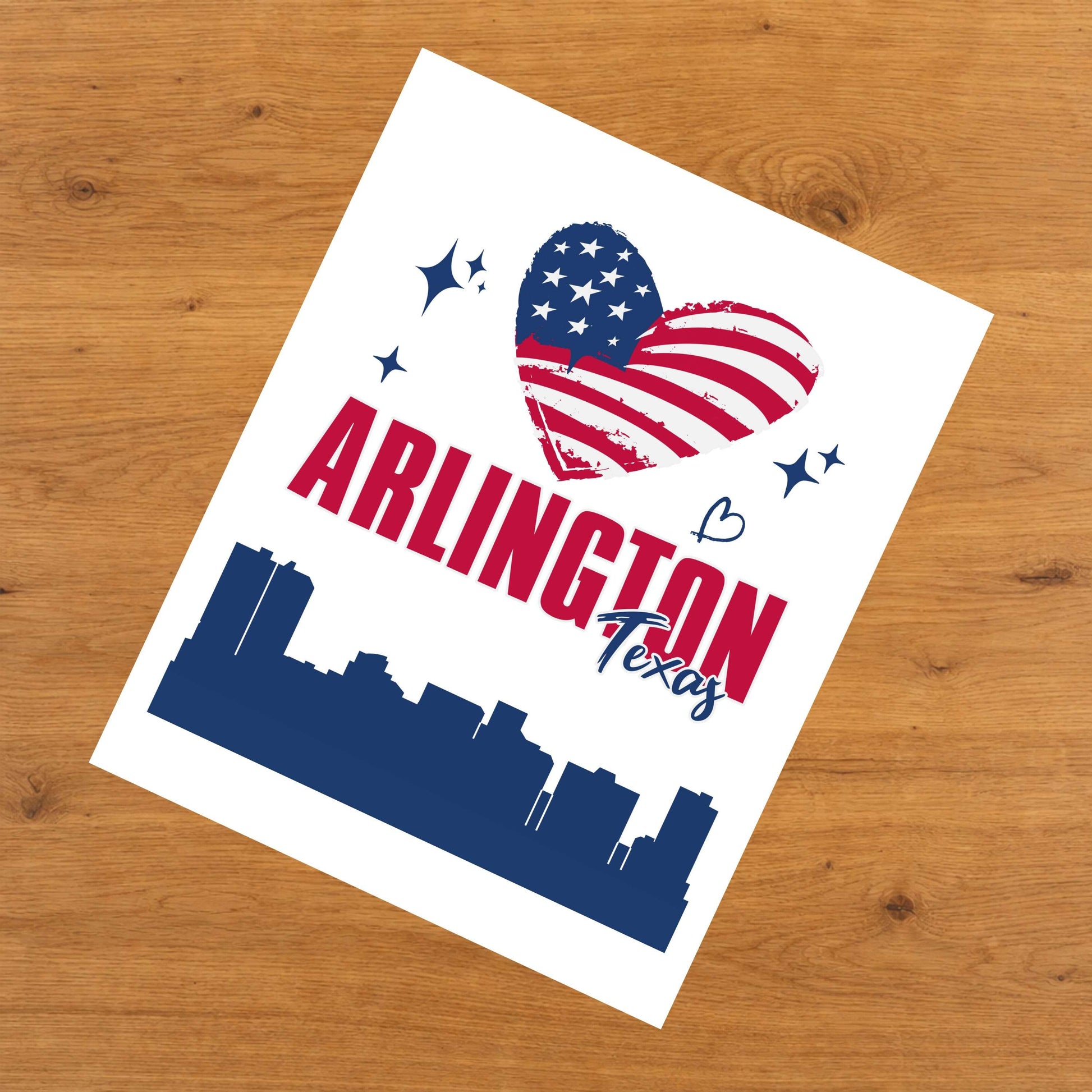 Arlington Texas Skyline American Flag Heart 4th of July 8"x10" Wall Art Print