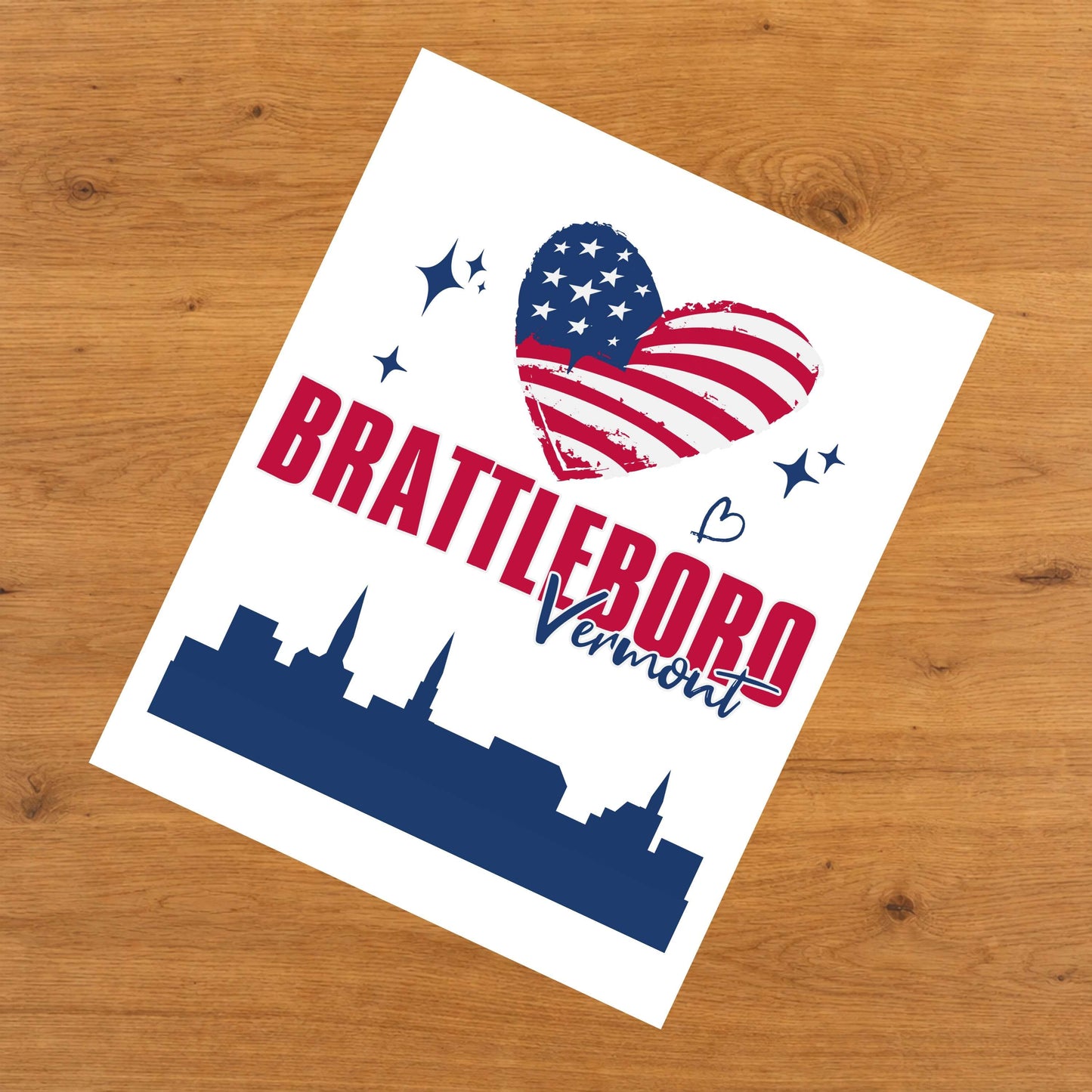 Brattleboro Vermont Skyline American Flag Heart 4th of July 8"x10" Wall Art Print