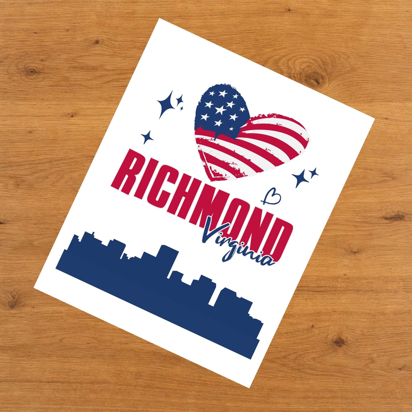Richmond Virginia Skyline American Flag Heart 4th of July 8"x10" Wall Art Print