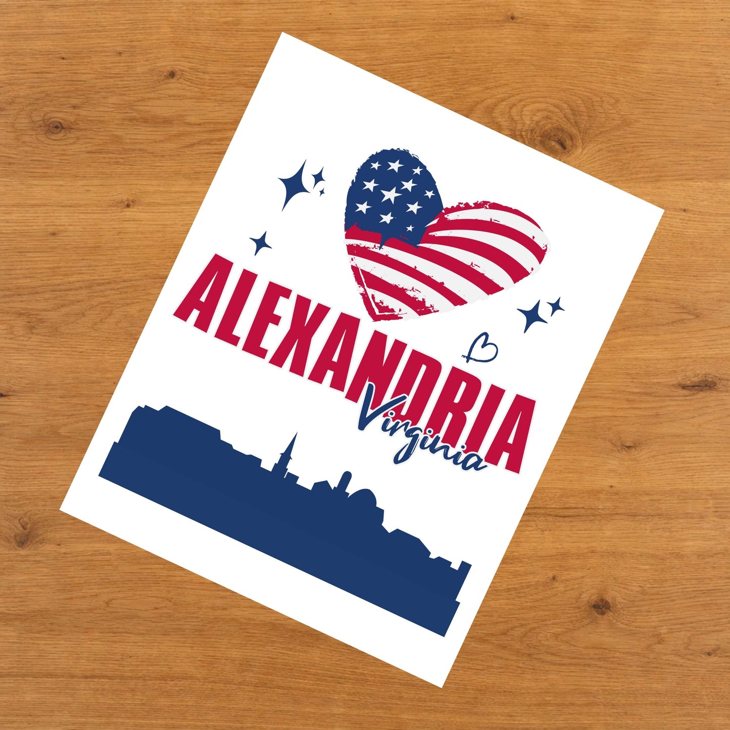 Alexandria Virginia Skyline American Flag Heart 4th of July 8"x10" Wall Art Print