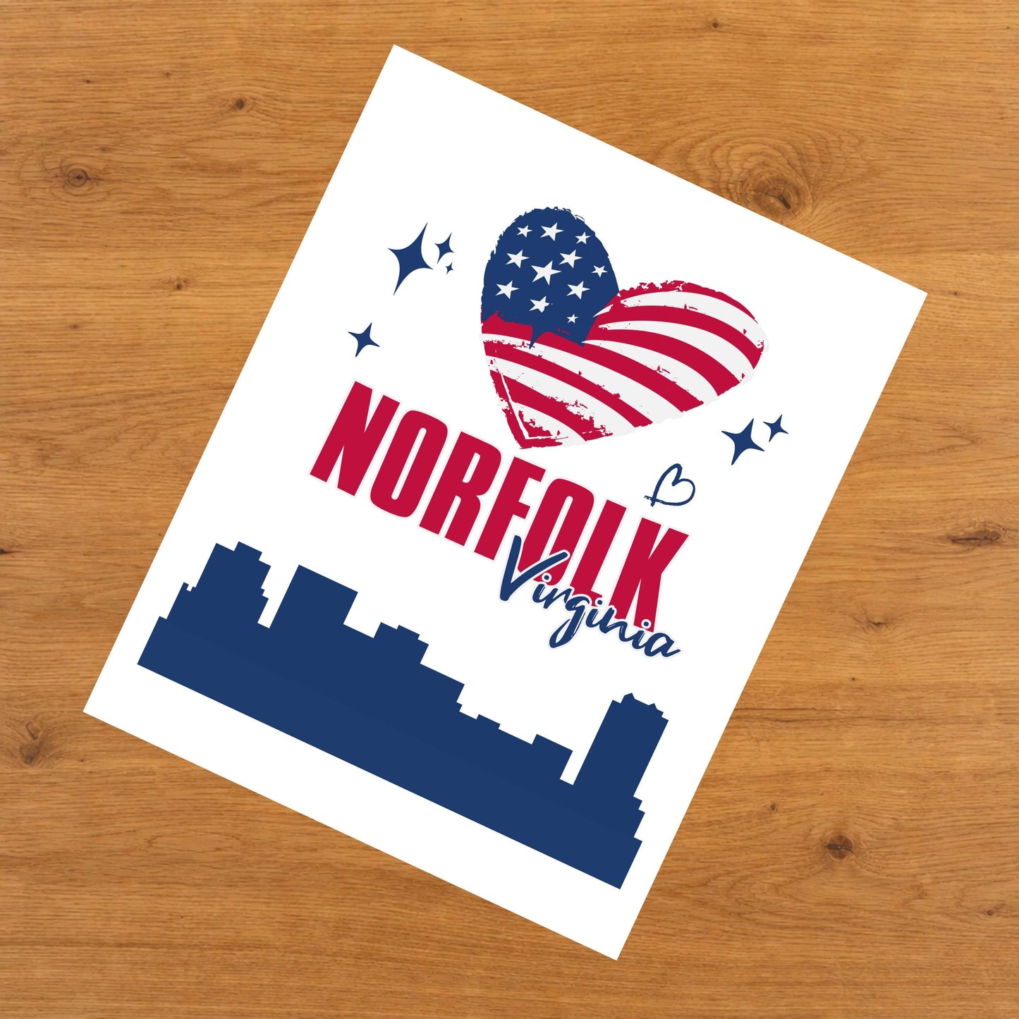 Norfolk Virginia Skyline American Flag Heart 4th of July 8"x10" Wall Art Print