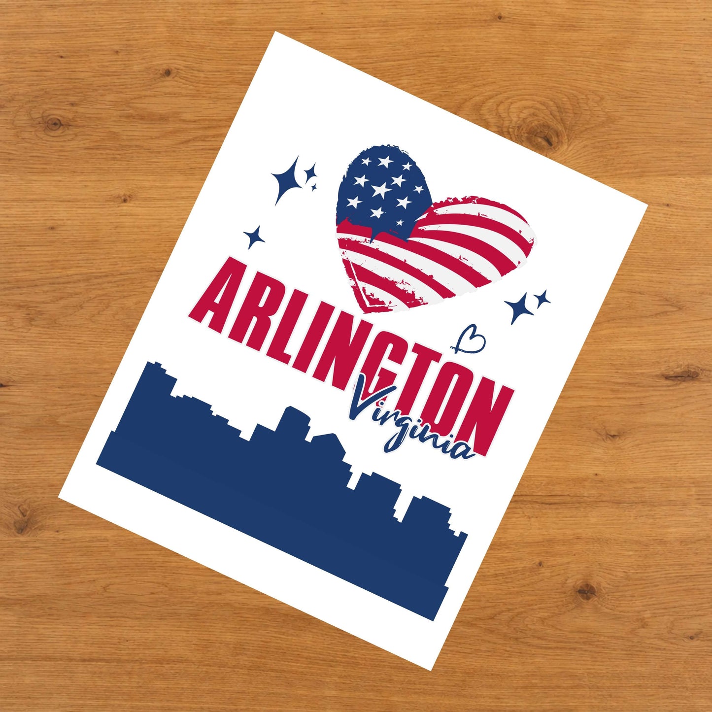 Arlington Virginia Skyline American Flag Heart 4th of July 8"x10" Wall Art Print