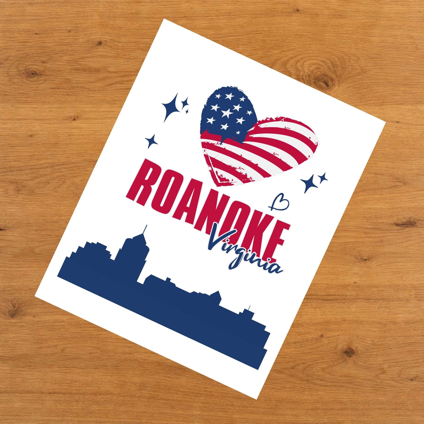 Roanoke Virginia Skyline American Flag Heart 4th of July 8"x10" Wall Art Print