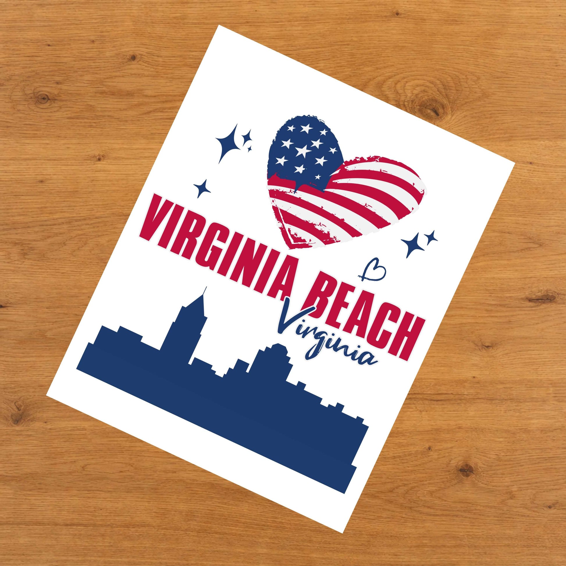 Virginia Beach Virginia Skyline American Flag Heart 4th of July 8"x10" Wall Art Print