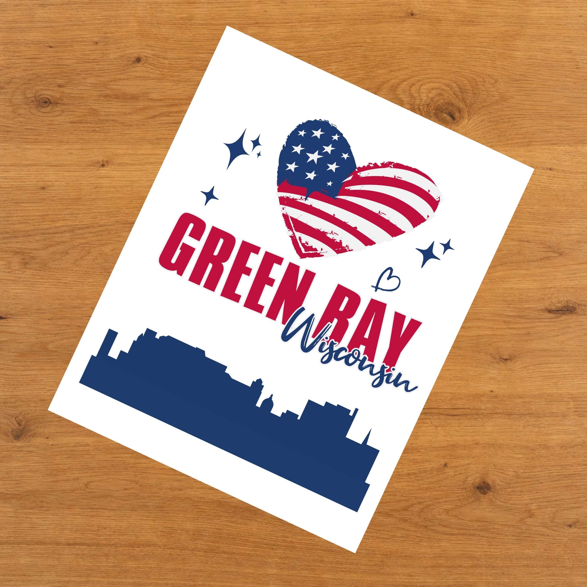 Green Bay Wisconsin Skyline American Flag Heart 4th of July 8"x10" Wall Art Print