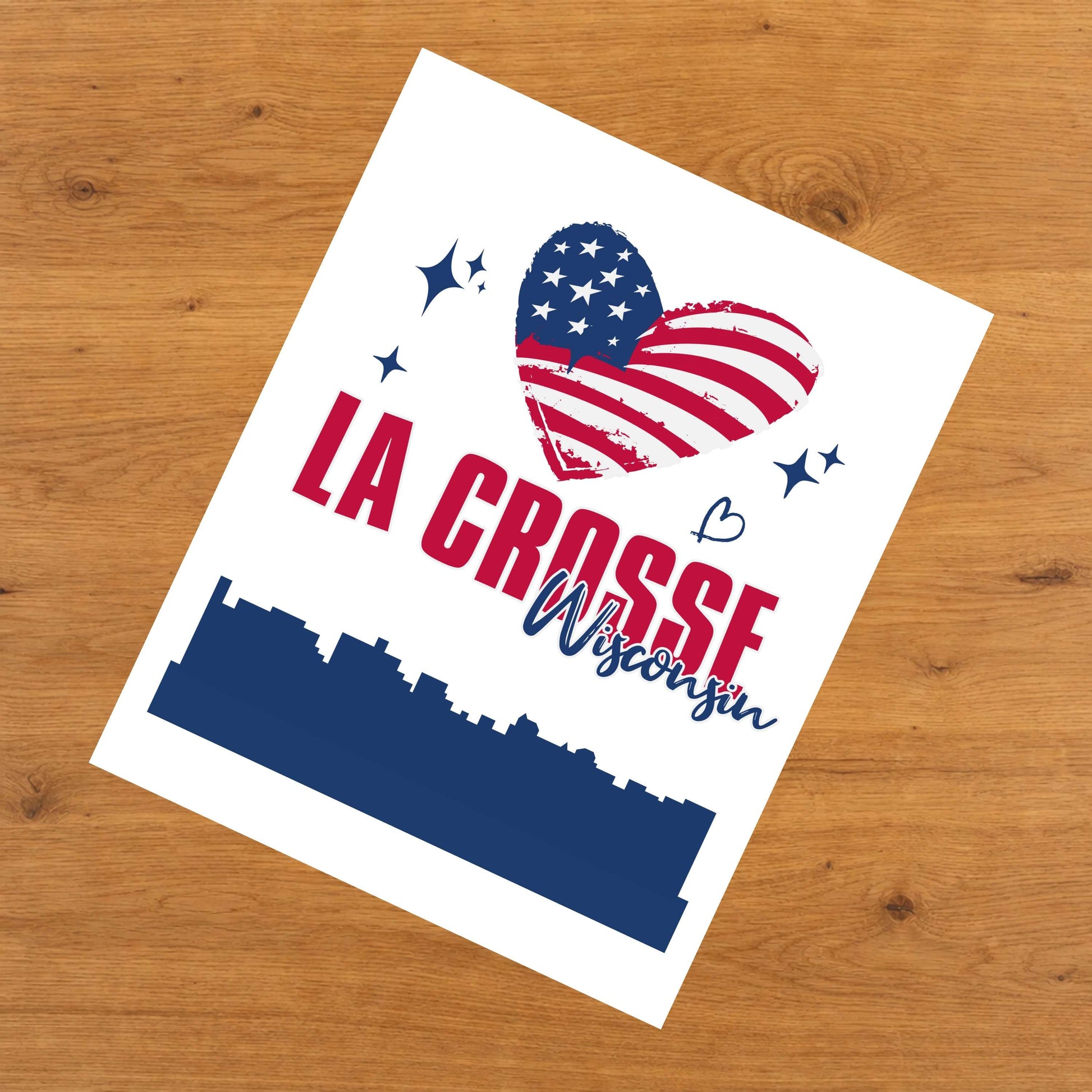 La Crosse Wisconsin Skyline American Flag Heart 4th of July 8"x10" Wall Art Print