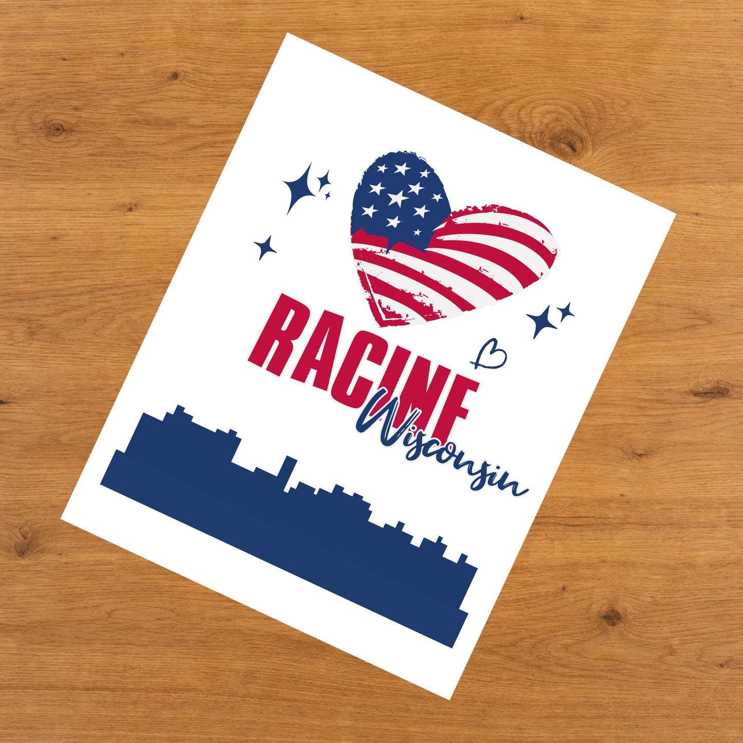 Racine Wisconsin Skyline American Flag Heart 4th of July 8"x10" Wall Art Print
