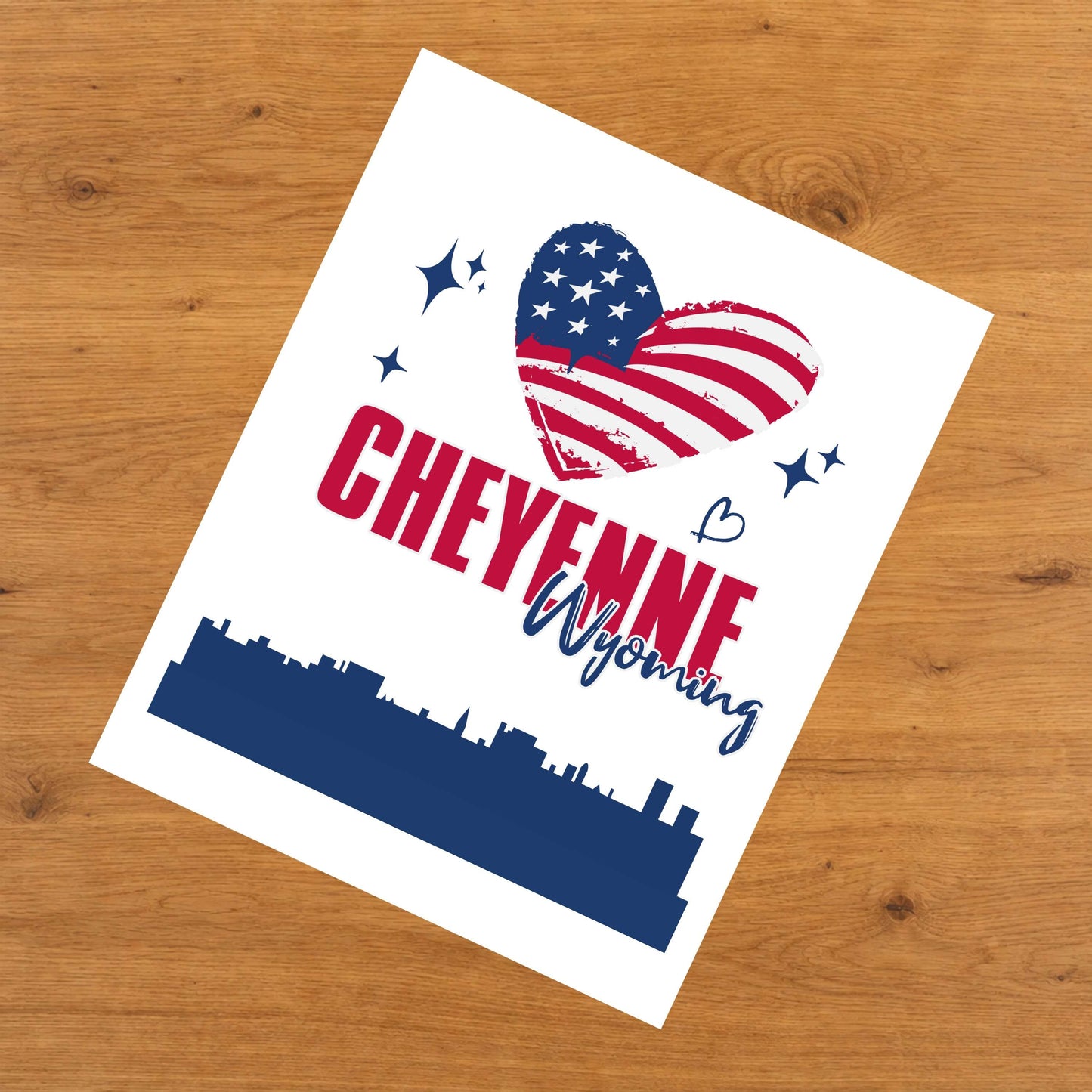 Cheyenne Wyoming Skyline American Flag Heart 4th of July 8"x10" Wall Art Print