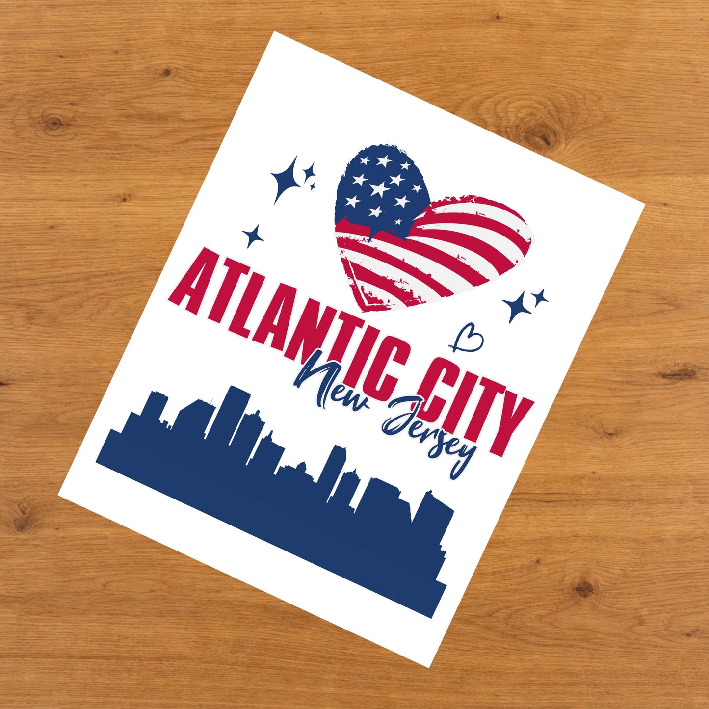 Atlantic City New Jersey Skyline American Flag Heart 4th of July 8"x10" Wall Art Print