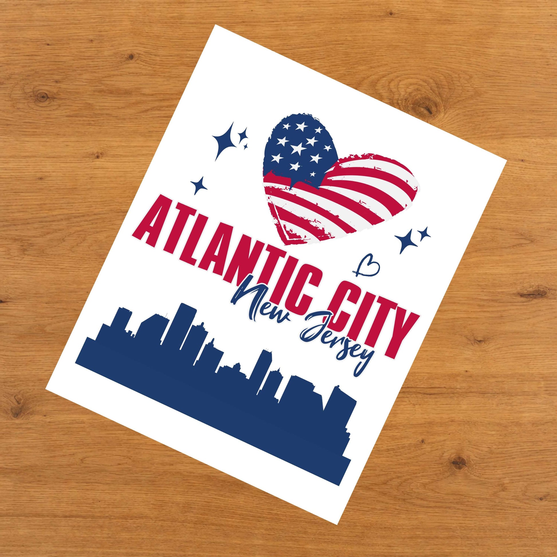 Atlantic City New Jersey Skyline American Flag Heart 4th of July 8"x10" Wall Art Print