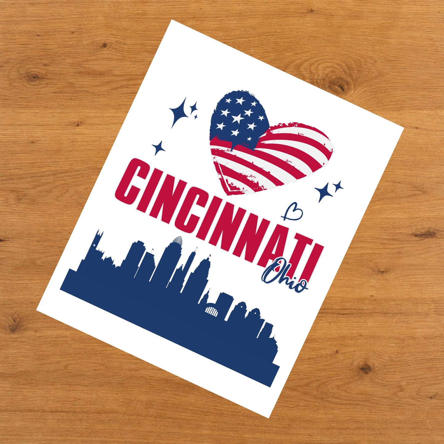 Cincinnati Ohio Skyline American Flag Heart 4th of July 8"x10" Wall Art Print