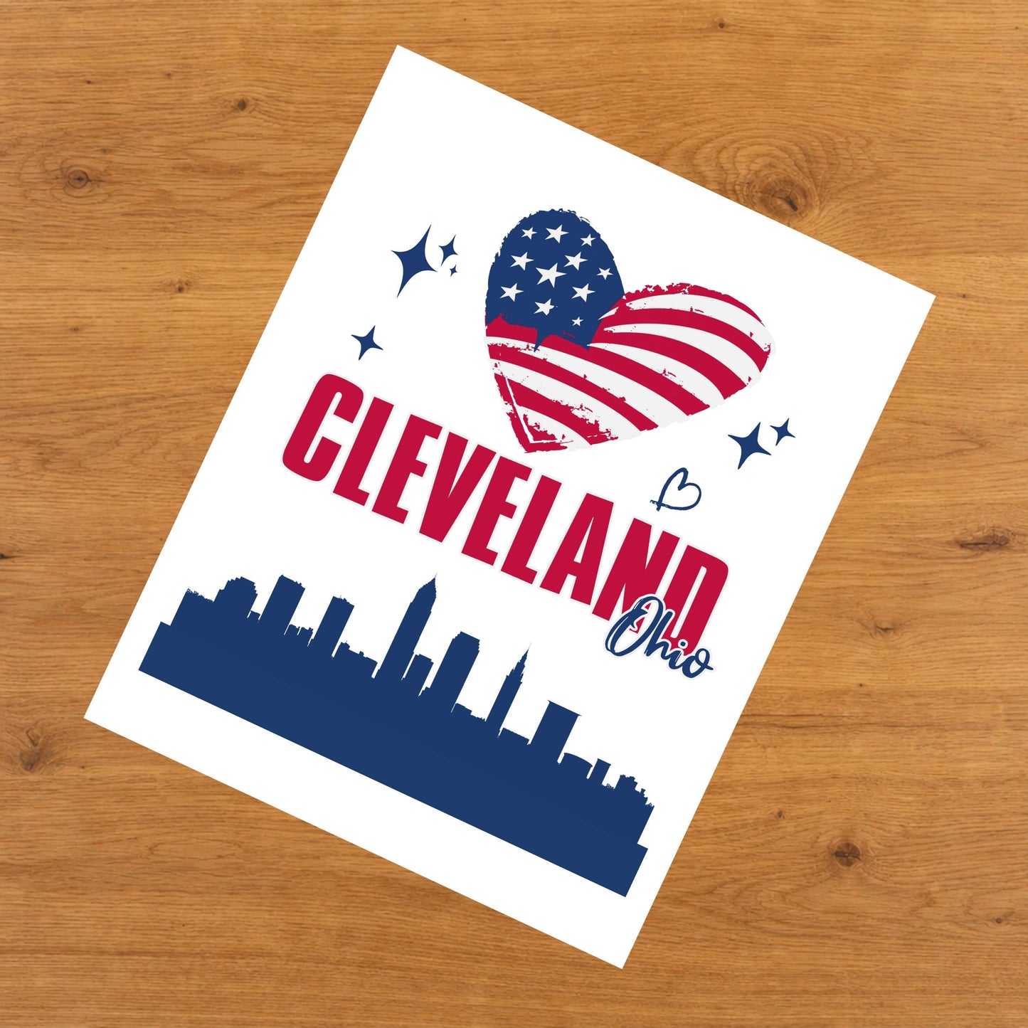 Cleveland Ohio Skyline American Flag Heart 4th of July 8"x10" Wall Art Print