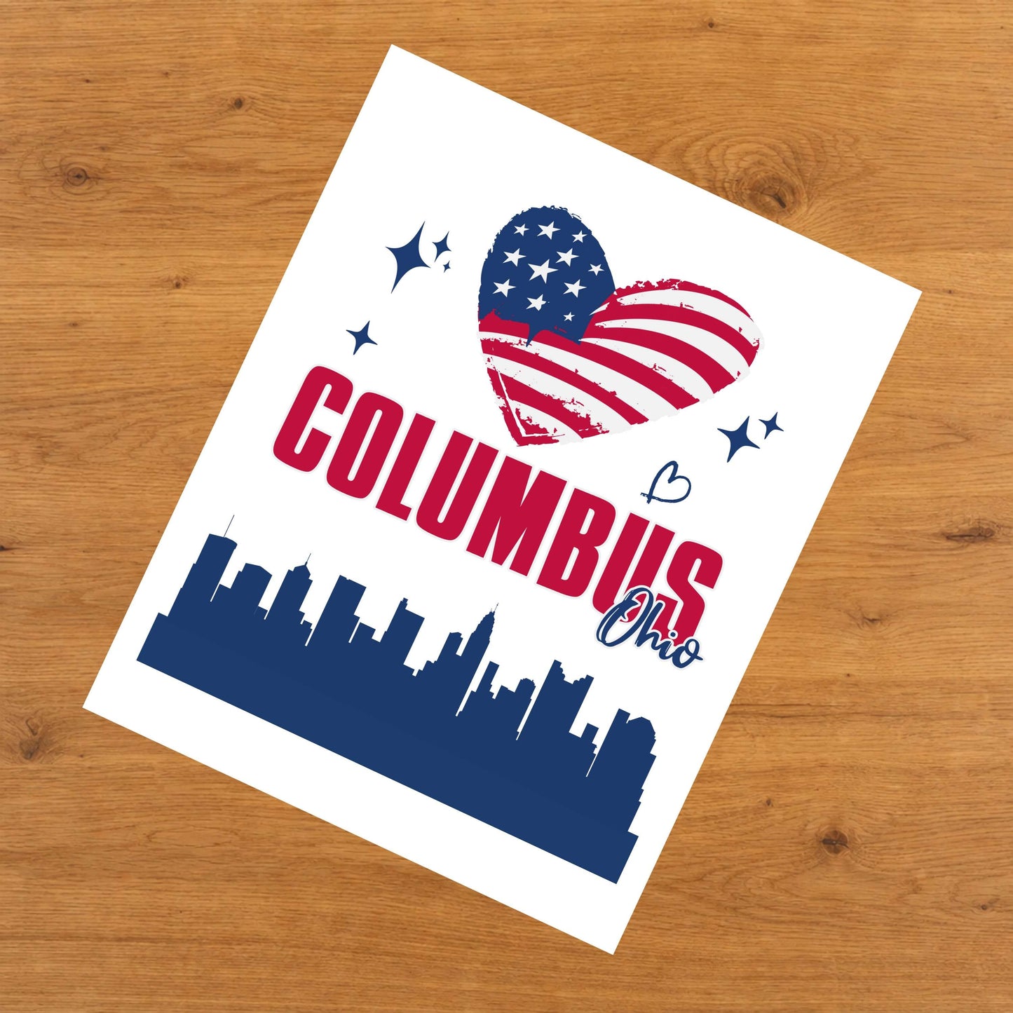 Columbus Ohio Skyline American Flag Heart 4th of July 8"x10" Wall Art Print