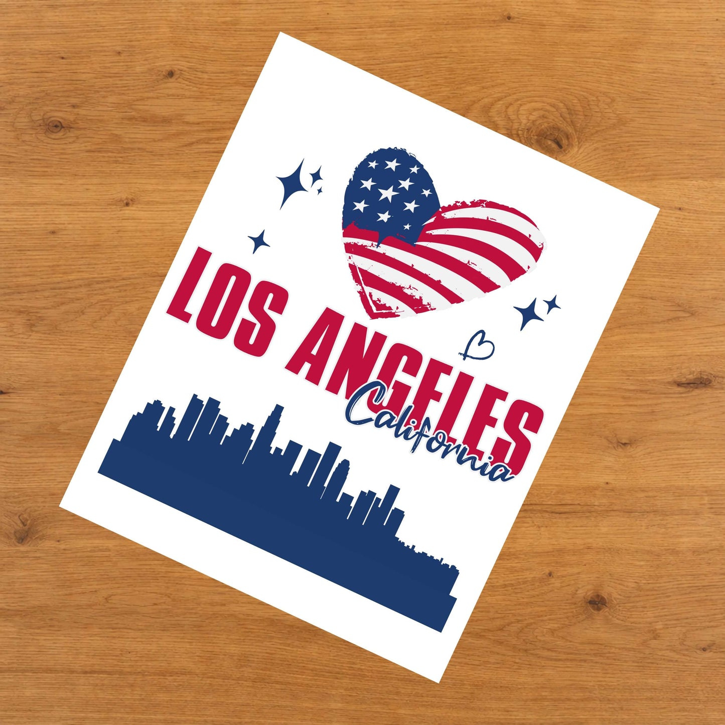 Los Angeles California Skyline American Flag Heart 4th of July 8"x10" Wall Art Print