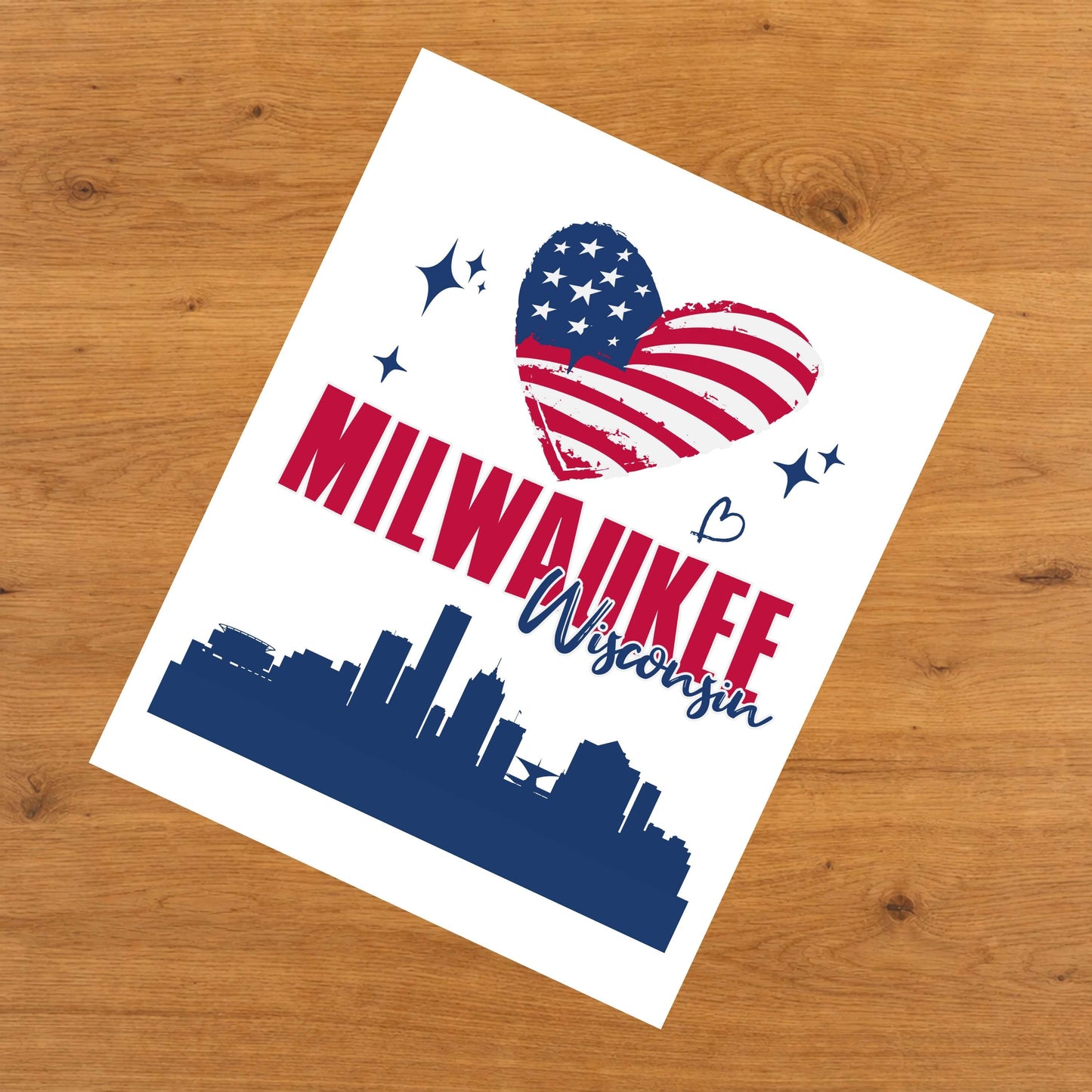 Milwaukee Wisconsin Skyline American Flag Heart 4th of July 8"x10" Wall Art Print