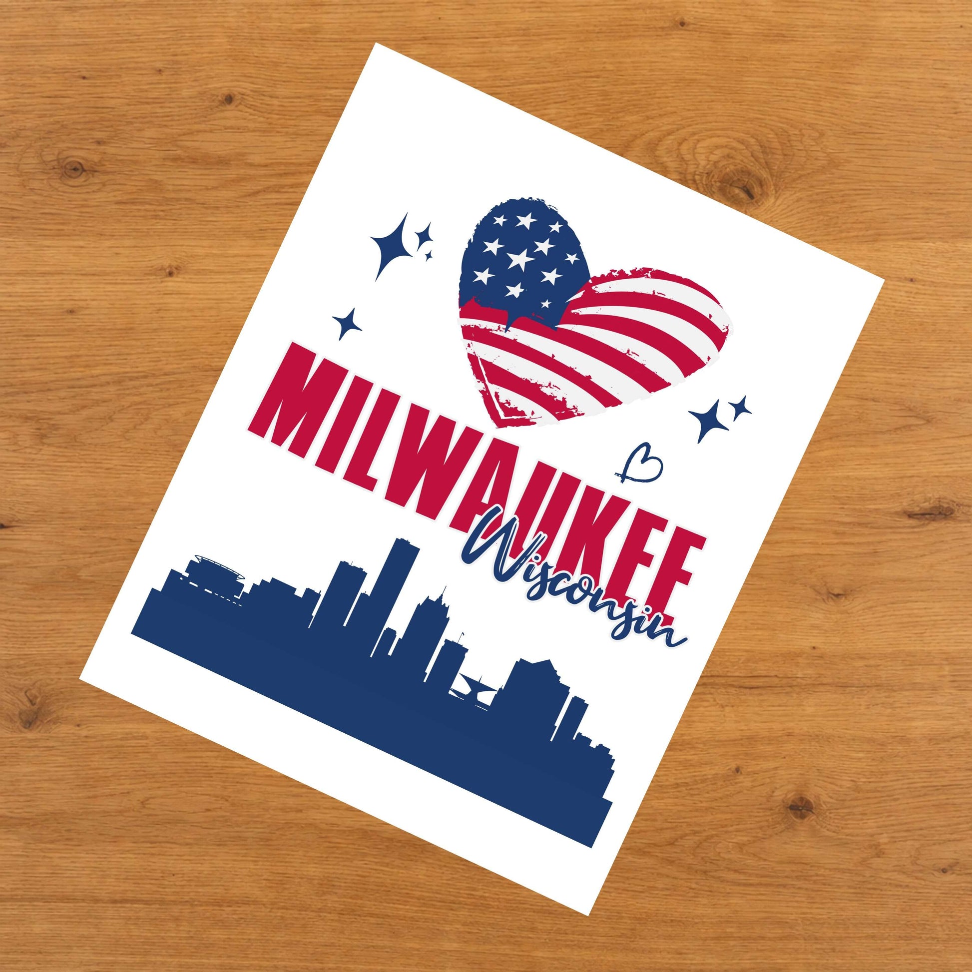 Milwaukee Wisconsin Skyline American Flag Heart 4th of July 8"x10" Wall Art Print