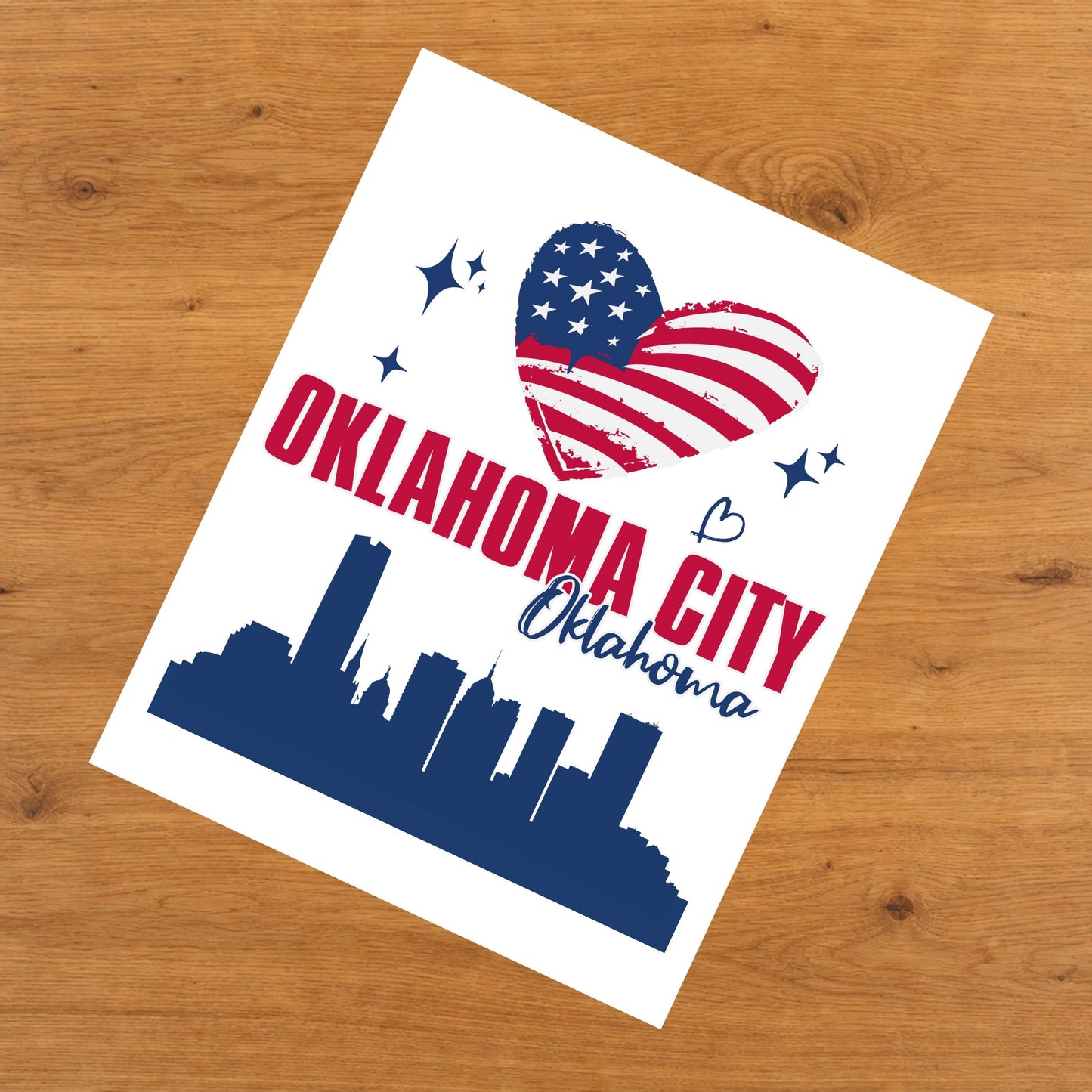 Oklahoma City Oklahoma Skyline American Flag Heart 4th of July 8"x10" Wall Art Print