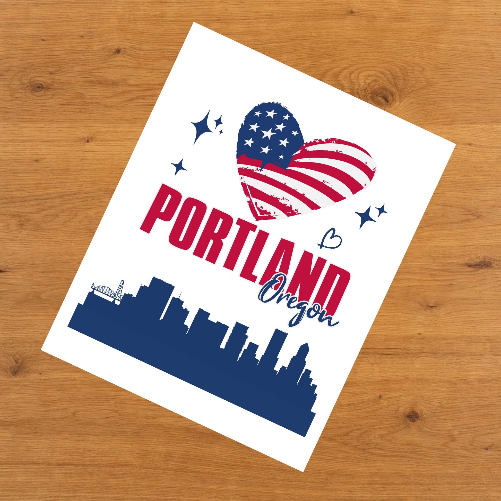 Portland Oregon Skyline American Flag Heart 4th of July 8"x10" Wall Art Print