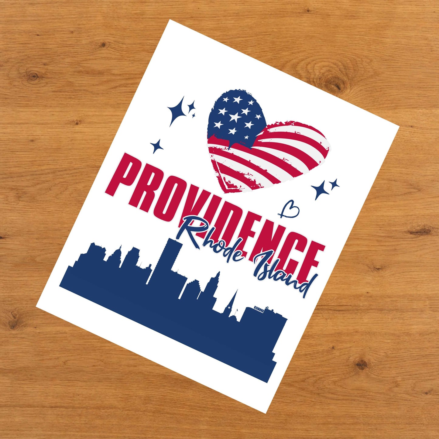 Providence Rhode Island Skyline American Flag Heart 4th of July 8"x10" Wall Art Print