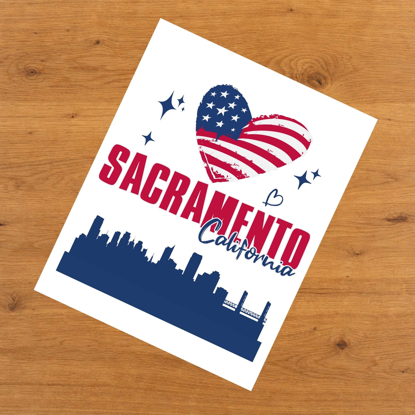 Sacramento California Skyline American Flag Heart 4th of July 8"x10" Wall Art Print