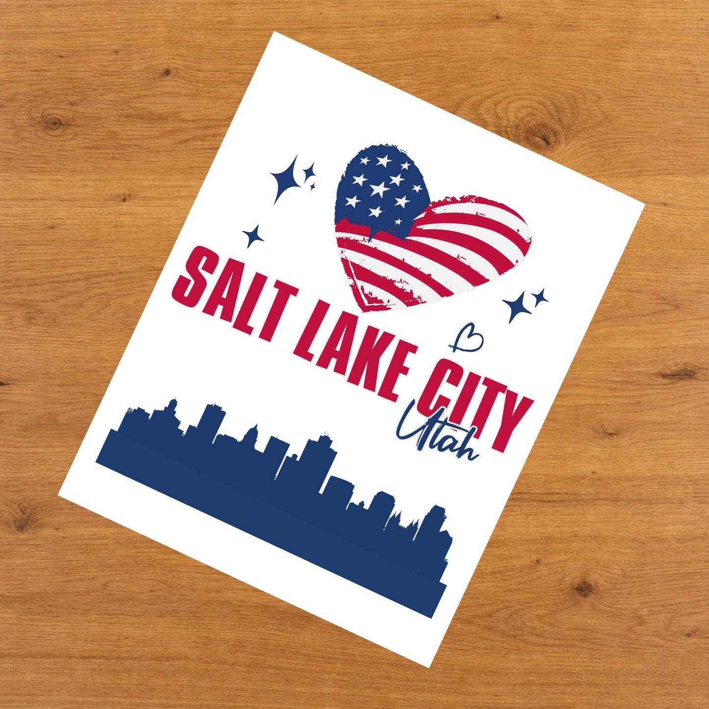 Salt Lake City Utah Skyline American Flag Heart 4th of July 8"x10" Wall Art Print