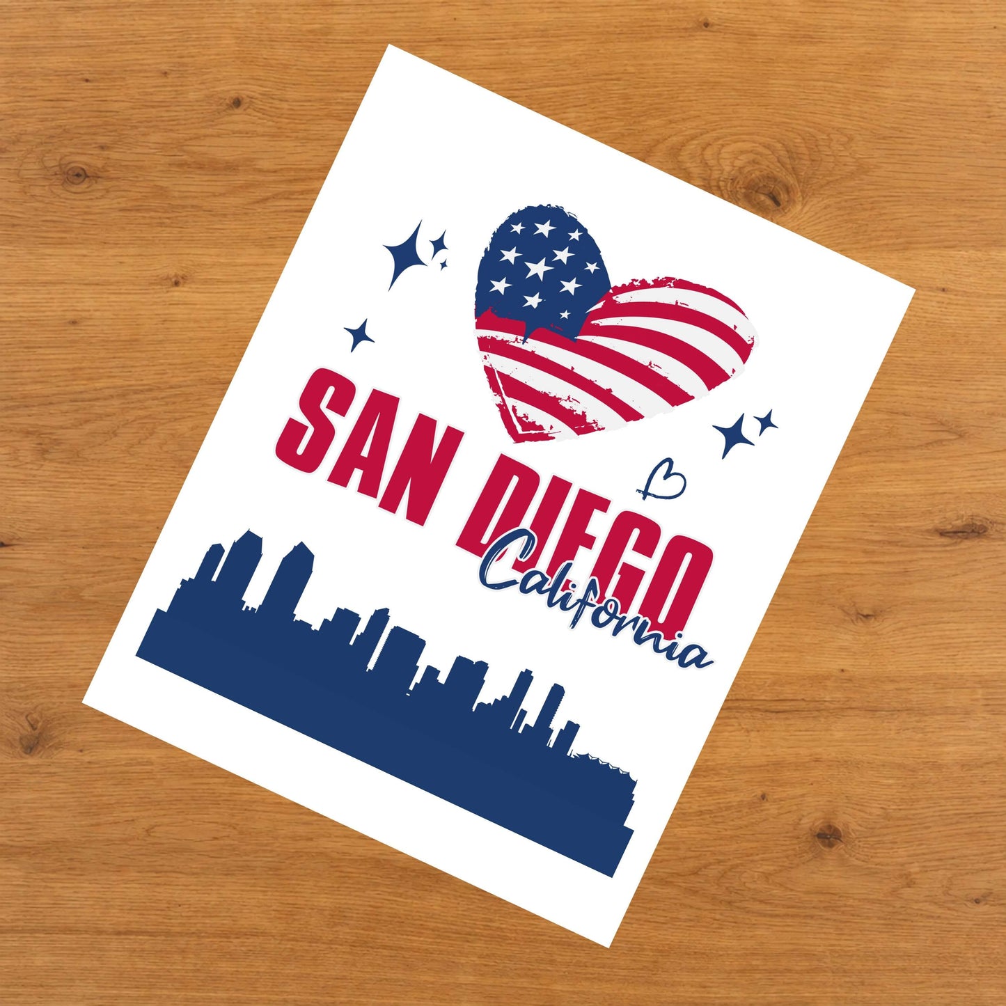 San Diego California Skyline American Flag Heart 4th of July 8"x10" Wall Art Print