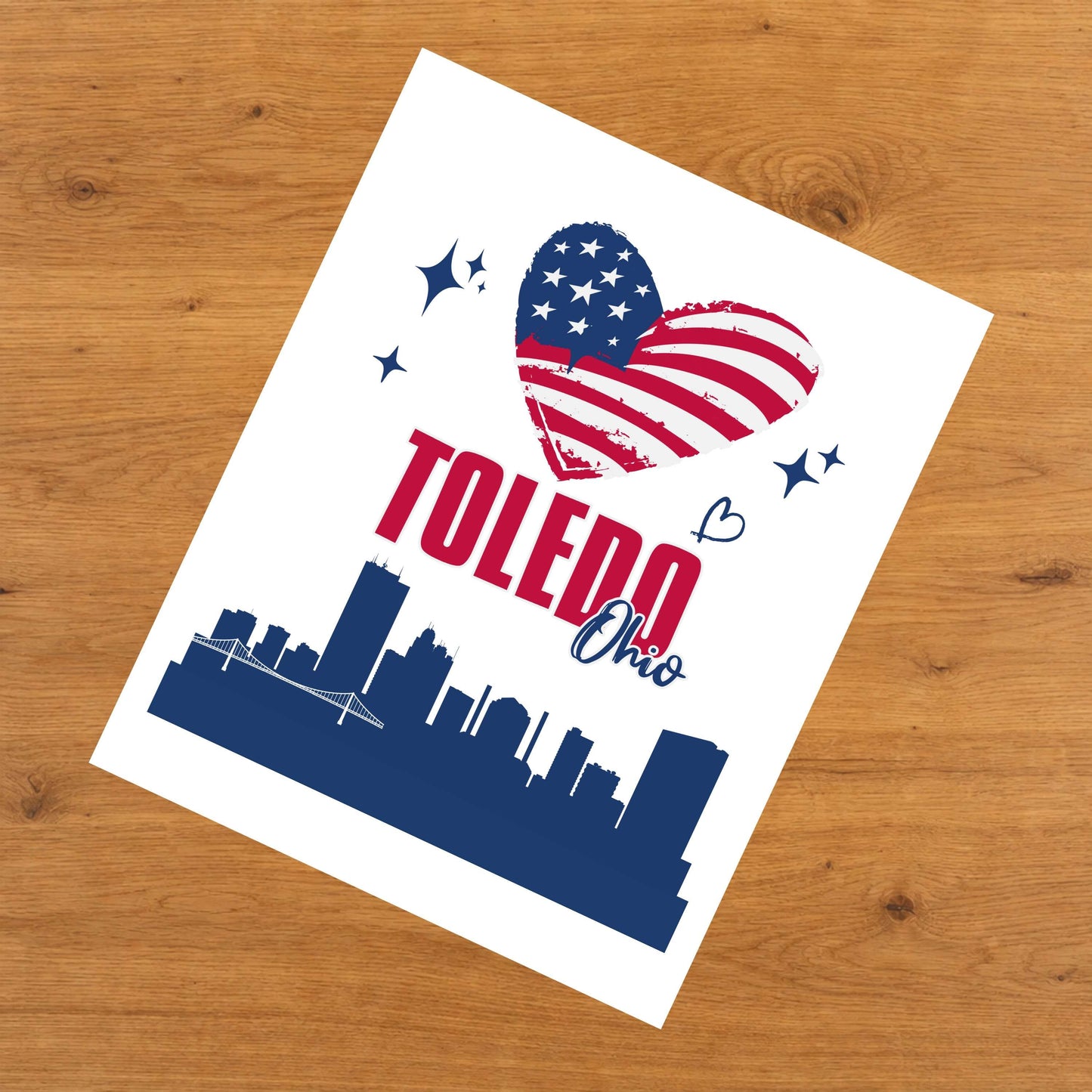 Toledo Ohio Skyline American Flag Heart 4th of July 8"x10" Wall Art Print