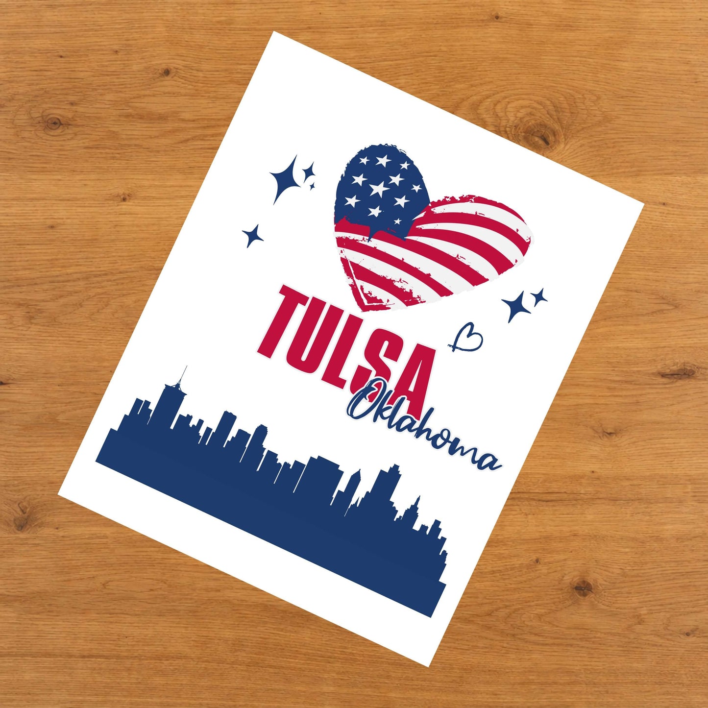 Tulsa Oklahoma Skyline American Flag Heart 4th of July 8"x10" Wall Art Print