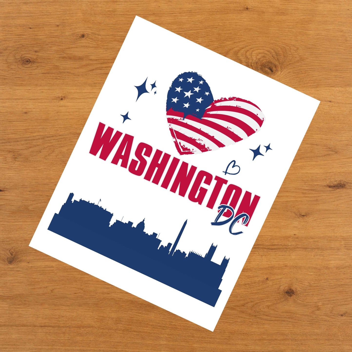 Washington DC Skyline American Flag Heart 4th of July 8"x10" Wall Art Print