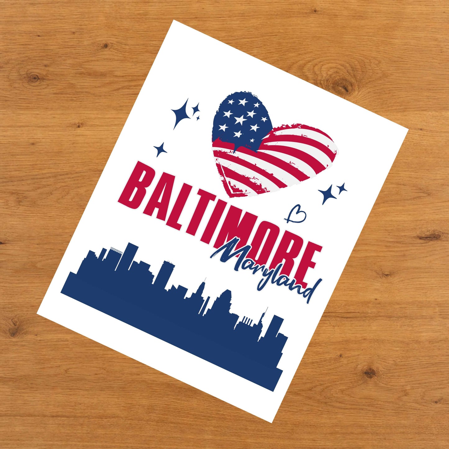 Baltimore Maryland Skyline American Flag Heart 4th of July 8"x10" Wall Art Print