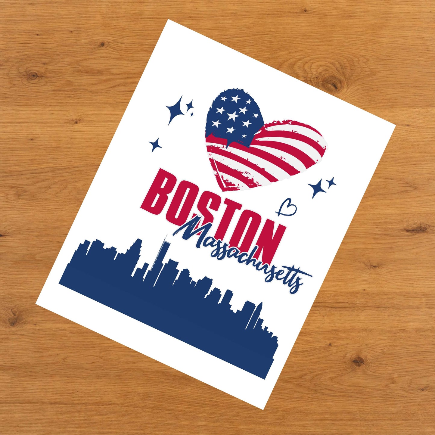 Boston Massachusetts Skyline American Flag Heart 4th of July 8"x10" Wall Art Print