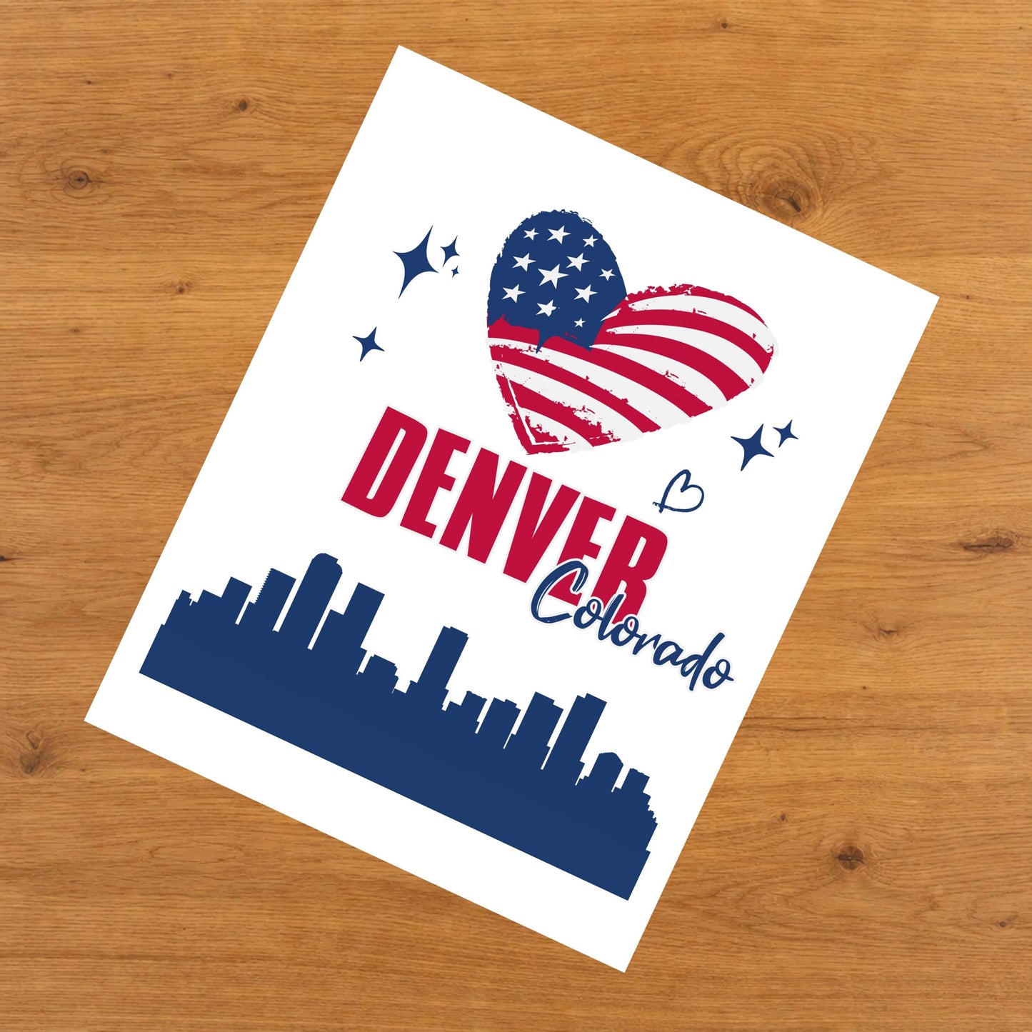 Denver Colorado Skyline American Flag Heart 4th of July 8"x10" Wall Art Print