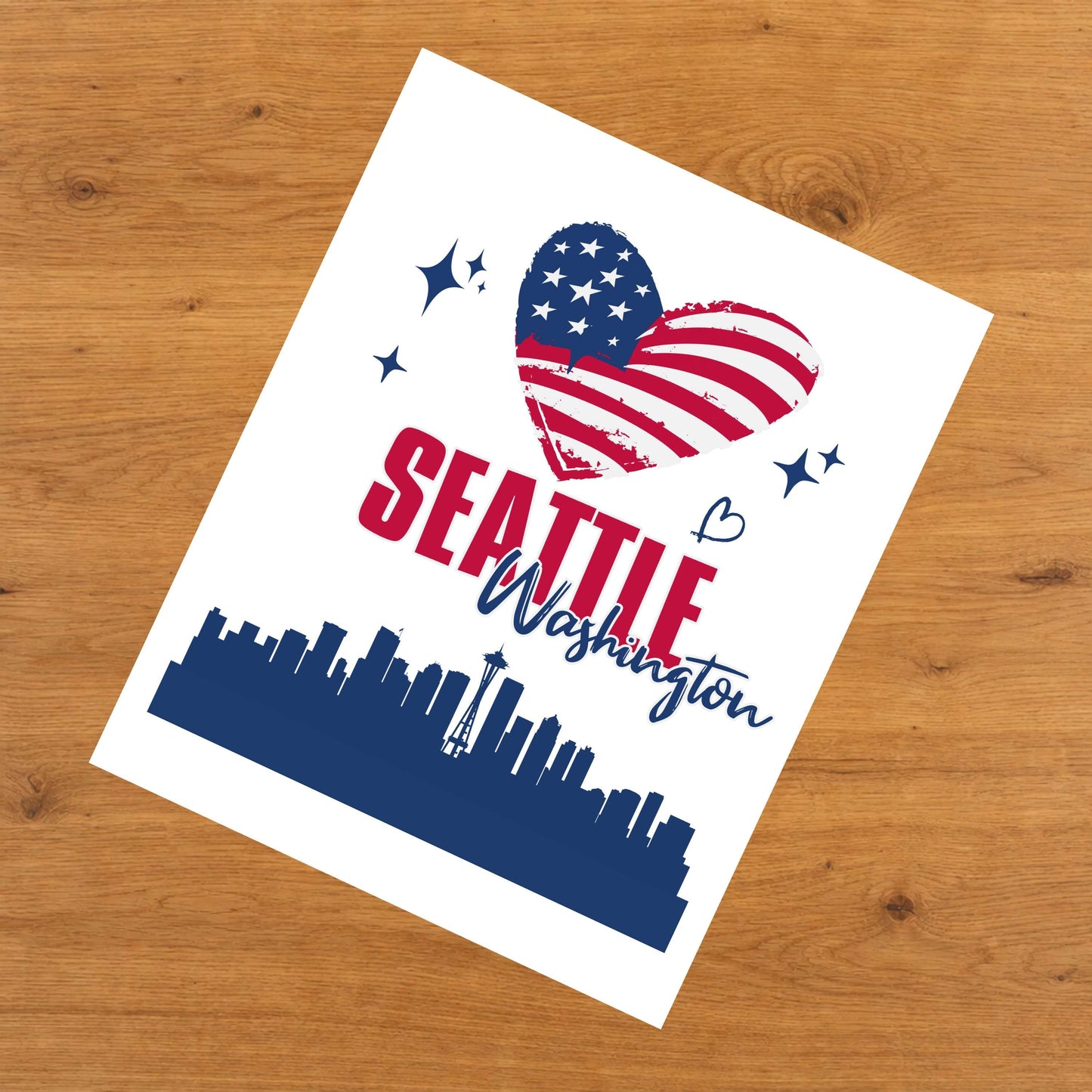 Seattle Washington Skyline American Flag Heart 4th of July 8"x10" Wall Art Print