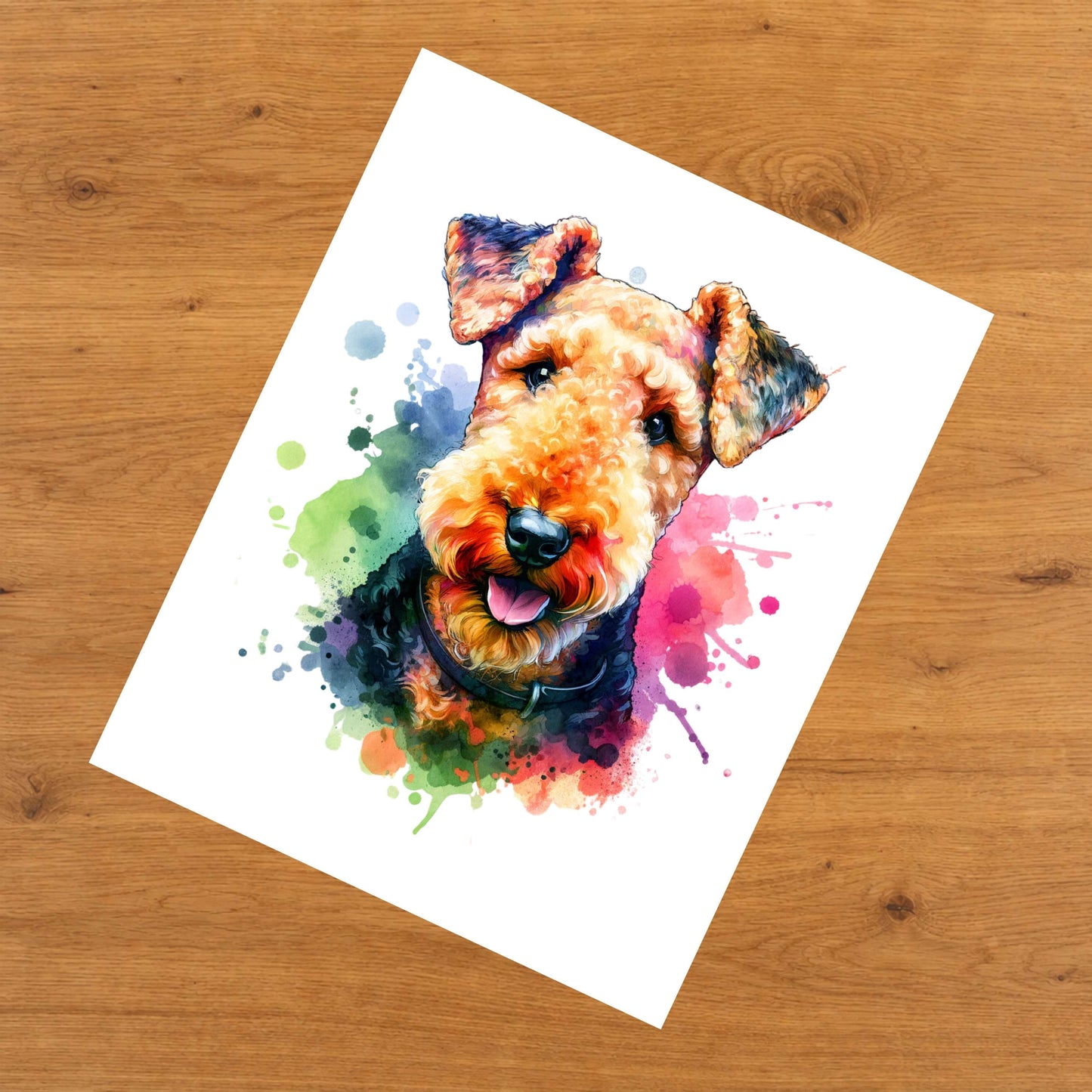 Airedale Terrier Rainbow Watercolor Portrait Dog Lover 8"x10" Wall Art Print - Airedale Gift