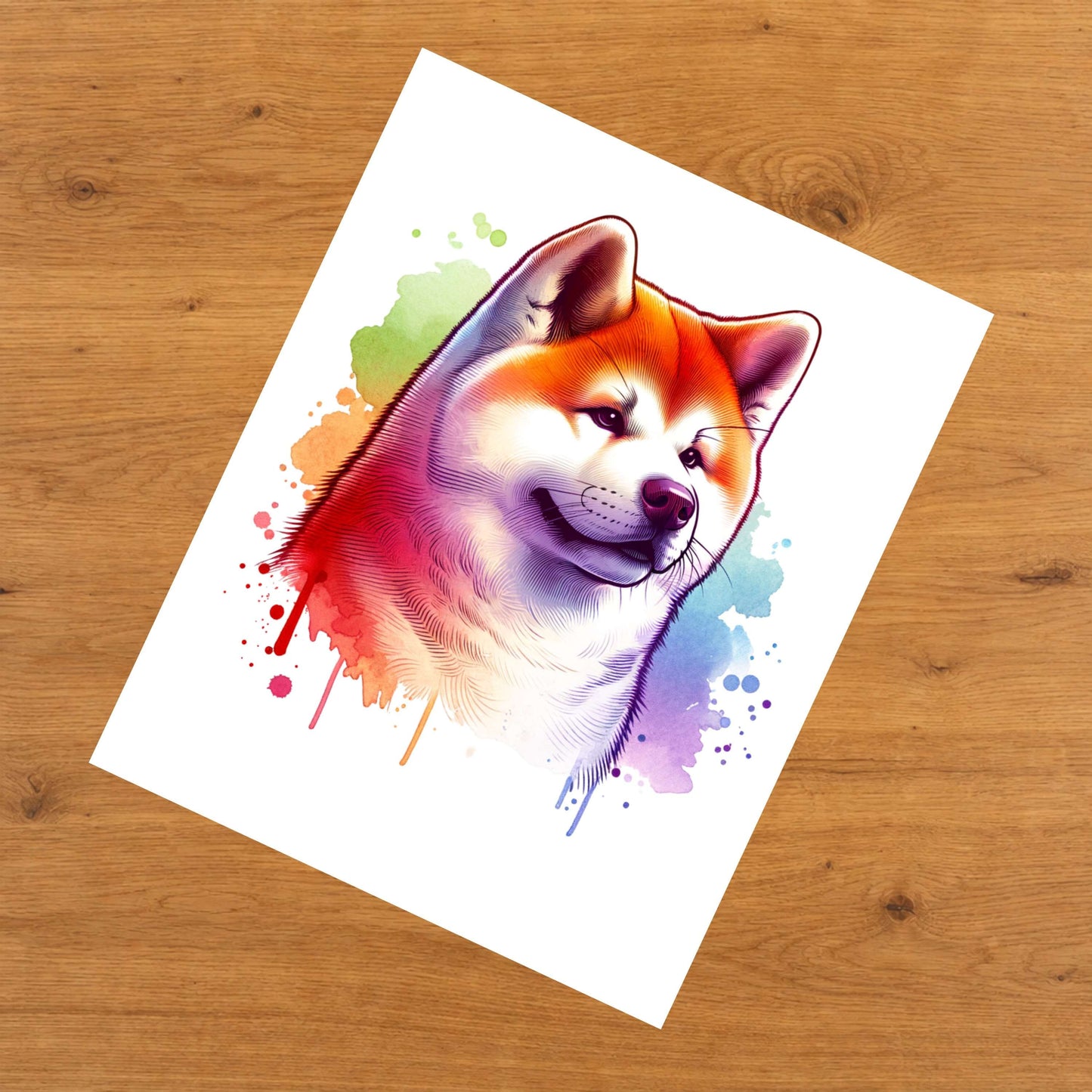 Akita Rainbow Watercolor Portrait Dog Lover 8"x10" Wall Art Print - Akita Gift