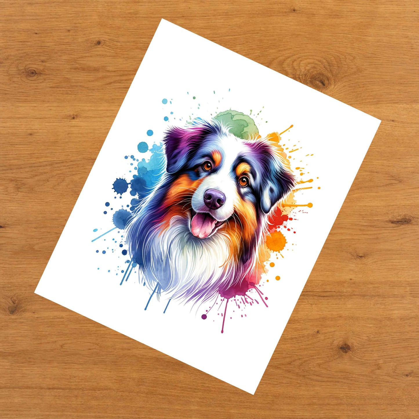 Australian Shepherd Rainbow Watercolor Portrait Dog Lover 8"x10" Wall Art Print - Australian Shepherd Gift